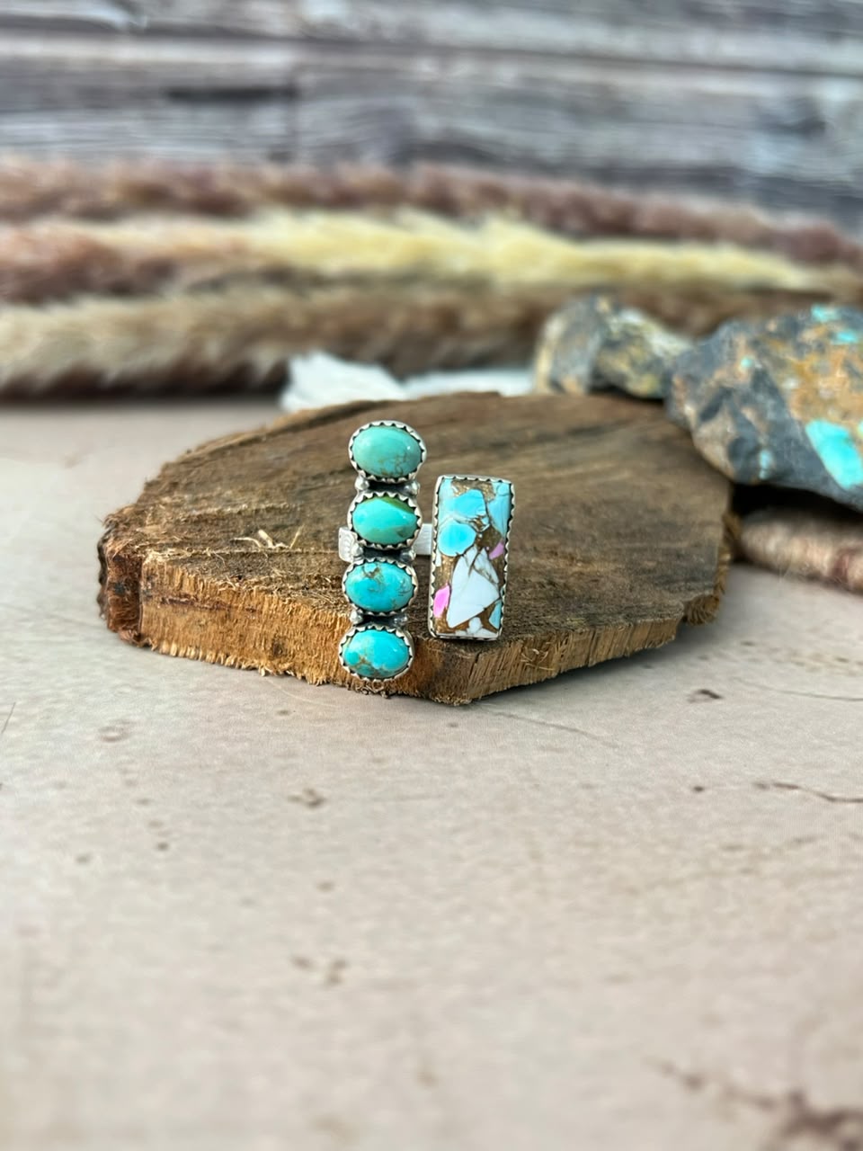 Handmade Sterling Silver Cotton Candy with Kingman Turquoise Adjustable Ring Signed Nizhoni