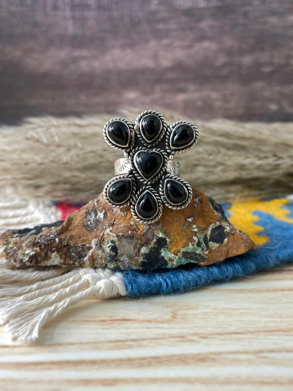 Handmade Sterling Silver Black Onyx Adjustable Ring "Signed Nizhoni"