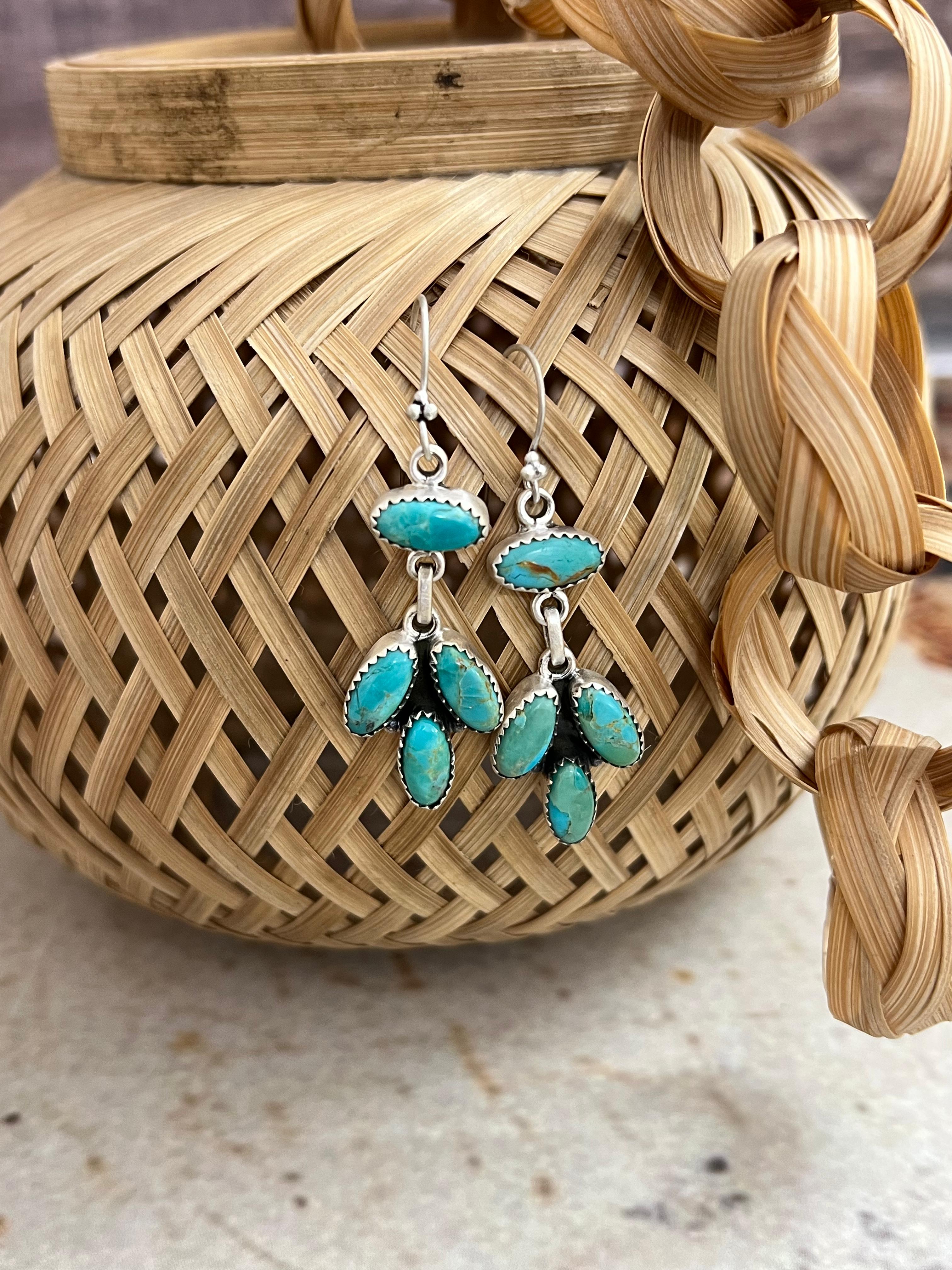 Handmade Sterling Silver Kingman Turquoise Post Dangle Earrings with Signed Nizhoni