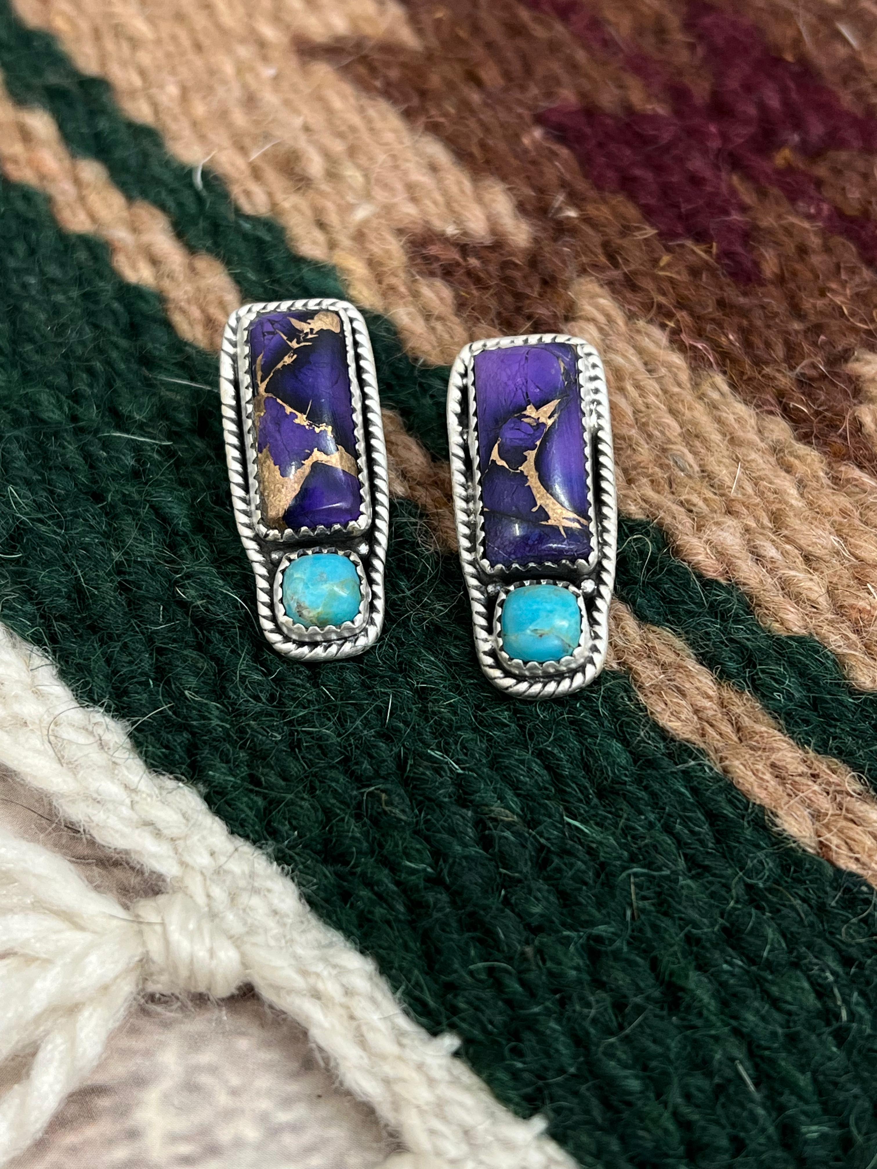 Handmade Sterling Silver Grape Dahlia with Kingman Post Studs with Signed Nizhoni