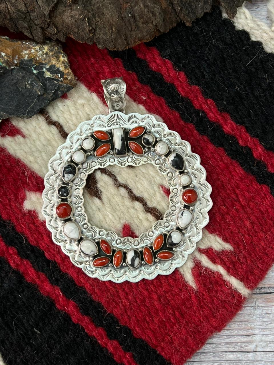 "Christmas Collection" Handmade Sterling Silver White Buffalo with Coral Pendant "Signed Nizhoni"