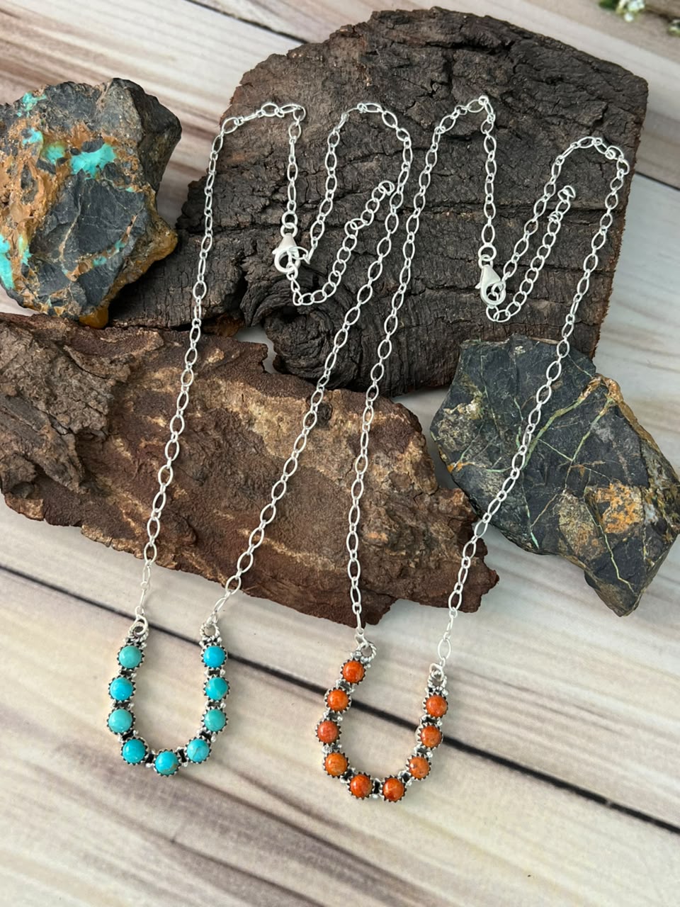 Handmade Sterling Silver Kingman Turquoise with Orange Mojave Necklace Signed Nizhoni