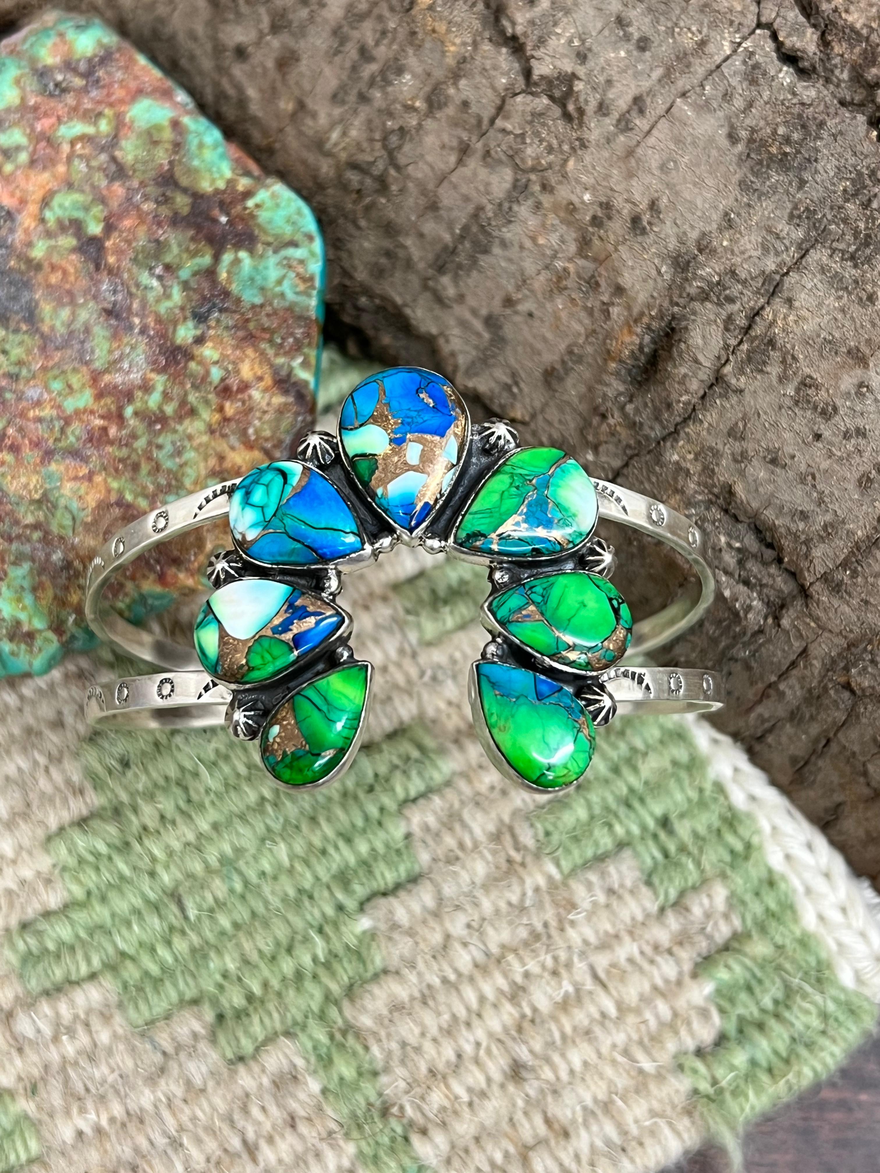 Handmade Sterling Silver Peacock Dahlia Cuff Bracelet with Signed Nizhoni