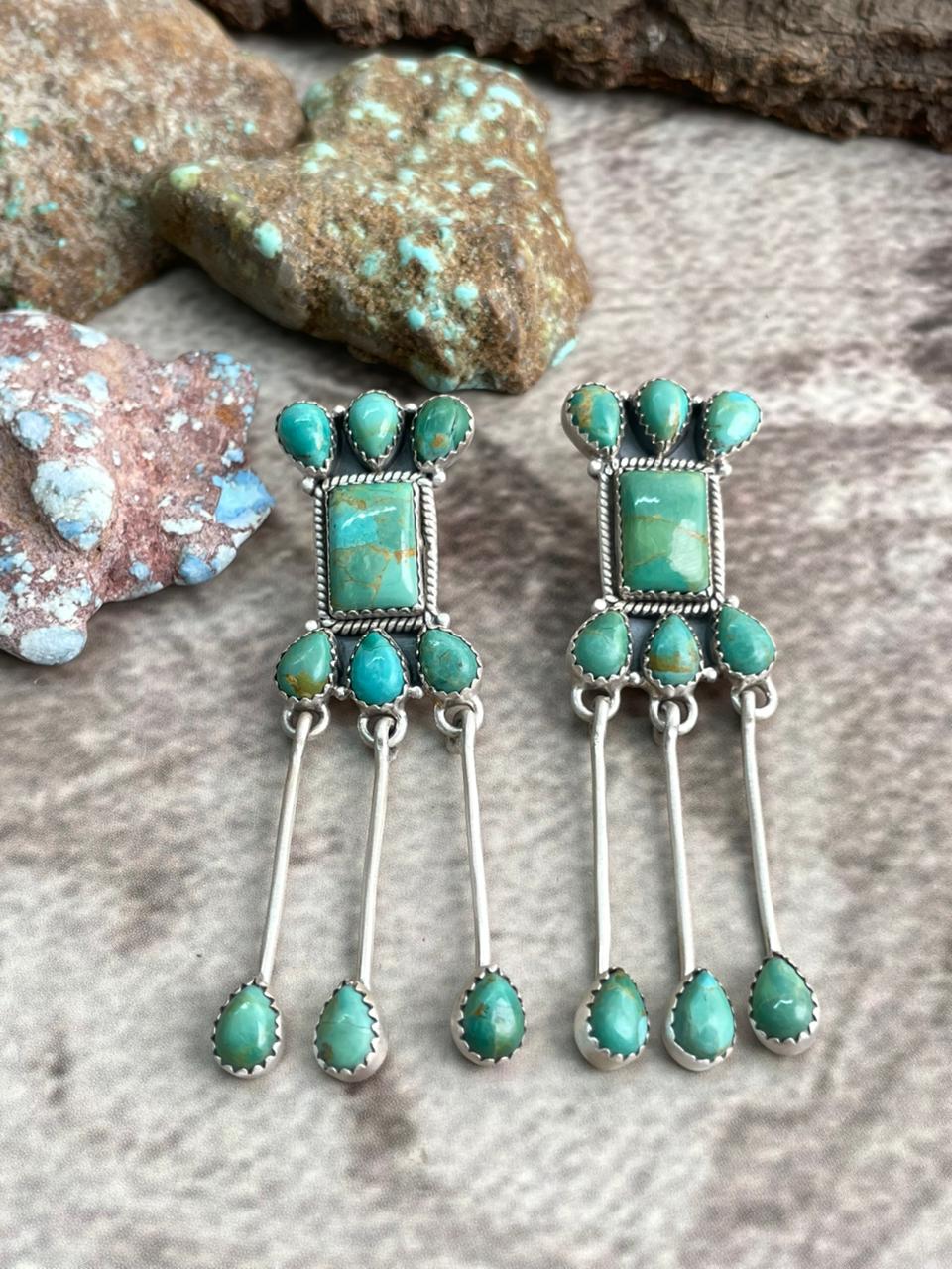 Handmade Sterling Silver Kingman Turquoise Post Dangle Earrings with Signed Nizhoni (9)