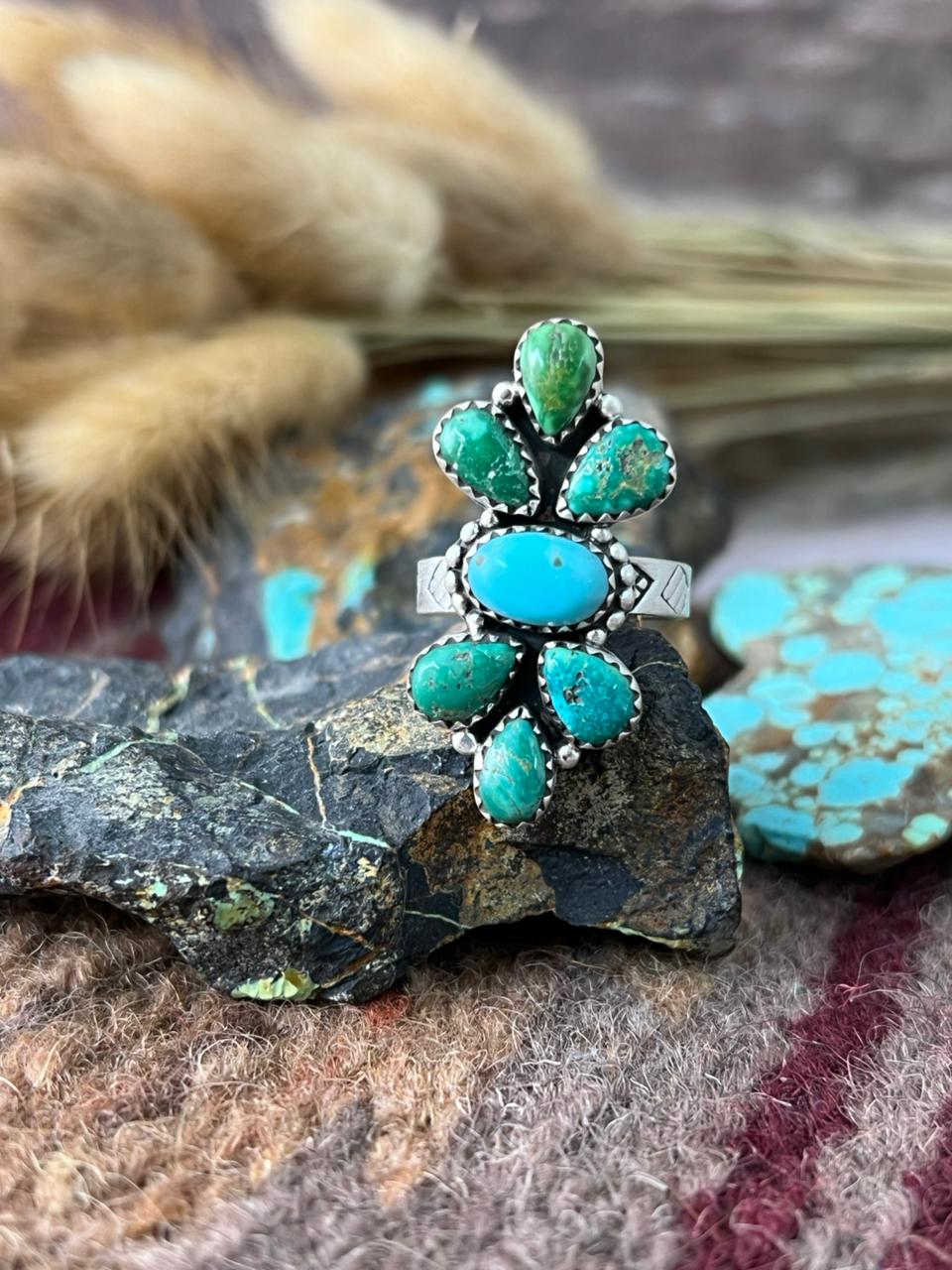 Handmade Sterling Silver Emerald Valley with Santa Maria Turquoise Adjusatble Ring "Signed Nizhoni"