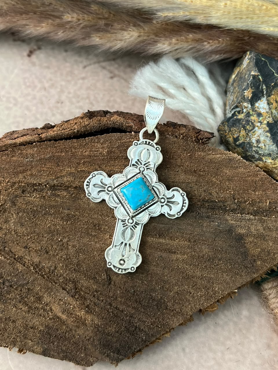 Handmade Sterling Silver Kingman Turquoise Cross Pendant Signed Nizhoni