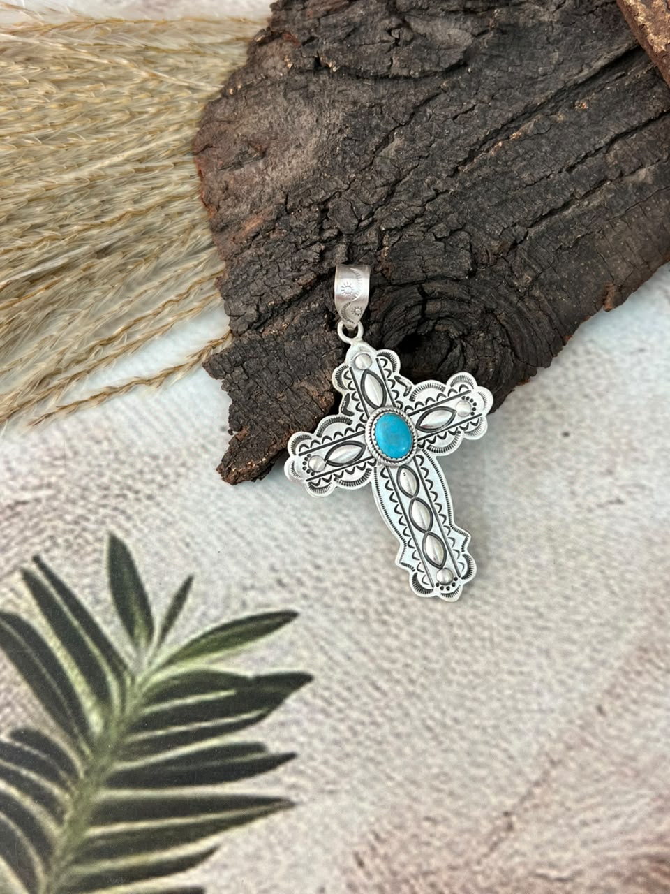 Handmade Sterling Silver Kingman Turquoise Cross Pendant Signed Nizhoni
