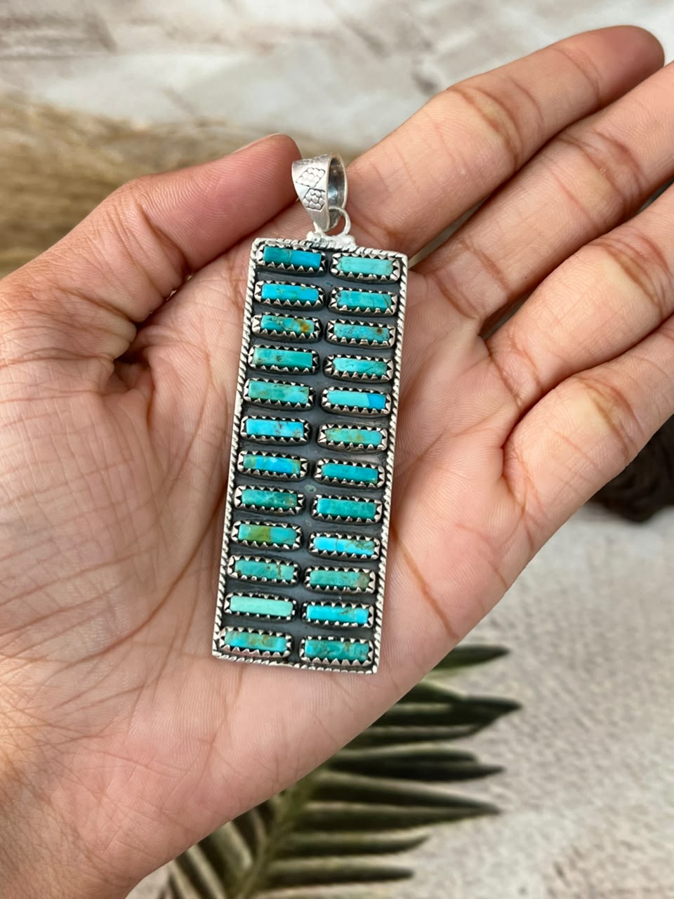Handmade Sterling Silver Kingman Turquoise Bar Pendant Signed Nizhoni