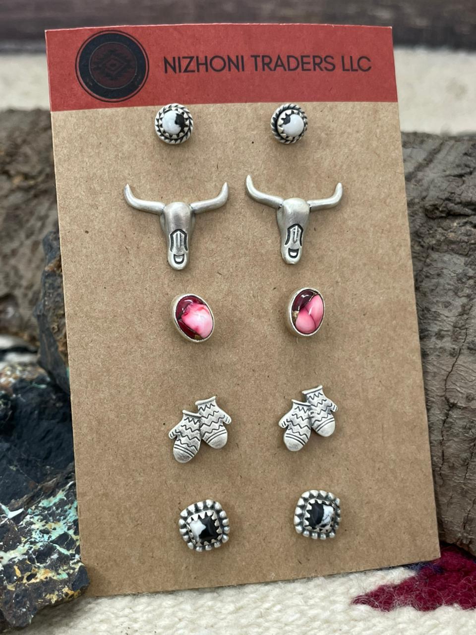 Handmade Sterling Silver White Buffalo with Dahlia Rose Studs (Cards) Earrings Set (10)