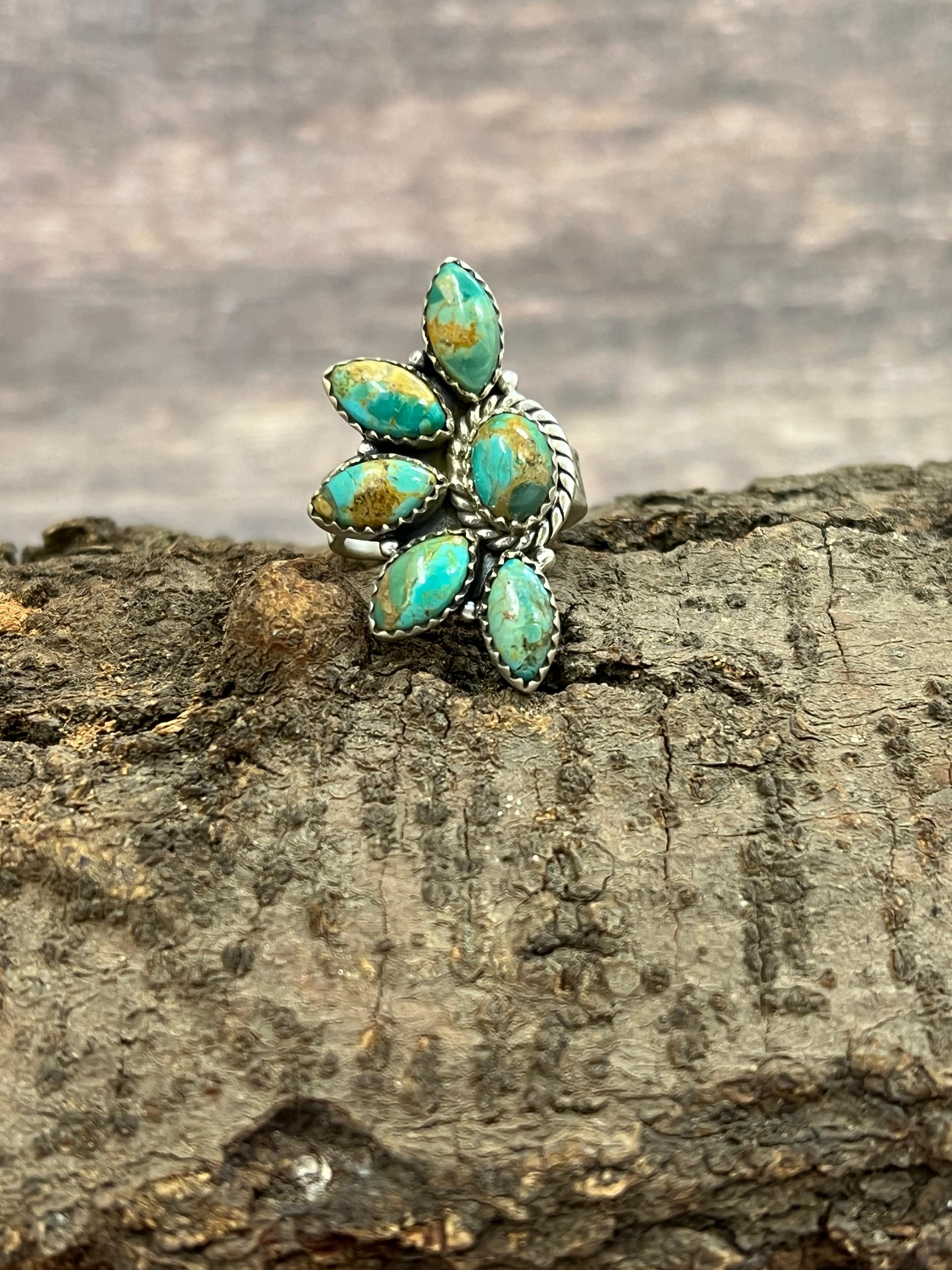 Handmade Sterling Silver Kingman Turquoise Adjustable Crescent Ring with Signed Nizhoni (6)