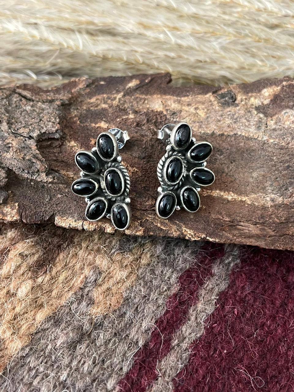 Handmade Sterling Silver Black Onyx Post Studs Earrings "Signed Nizhoni"