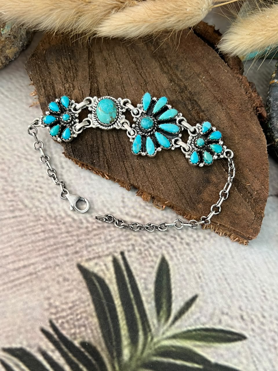 Handmade Sterling Silver Kingman Turquoise Chain Bracelet Signed Nizhoni (6)