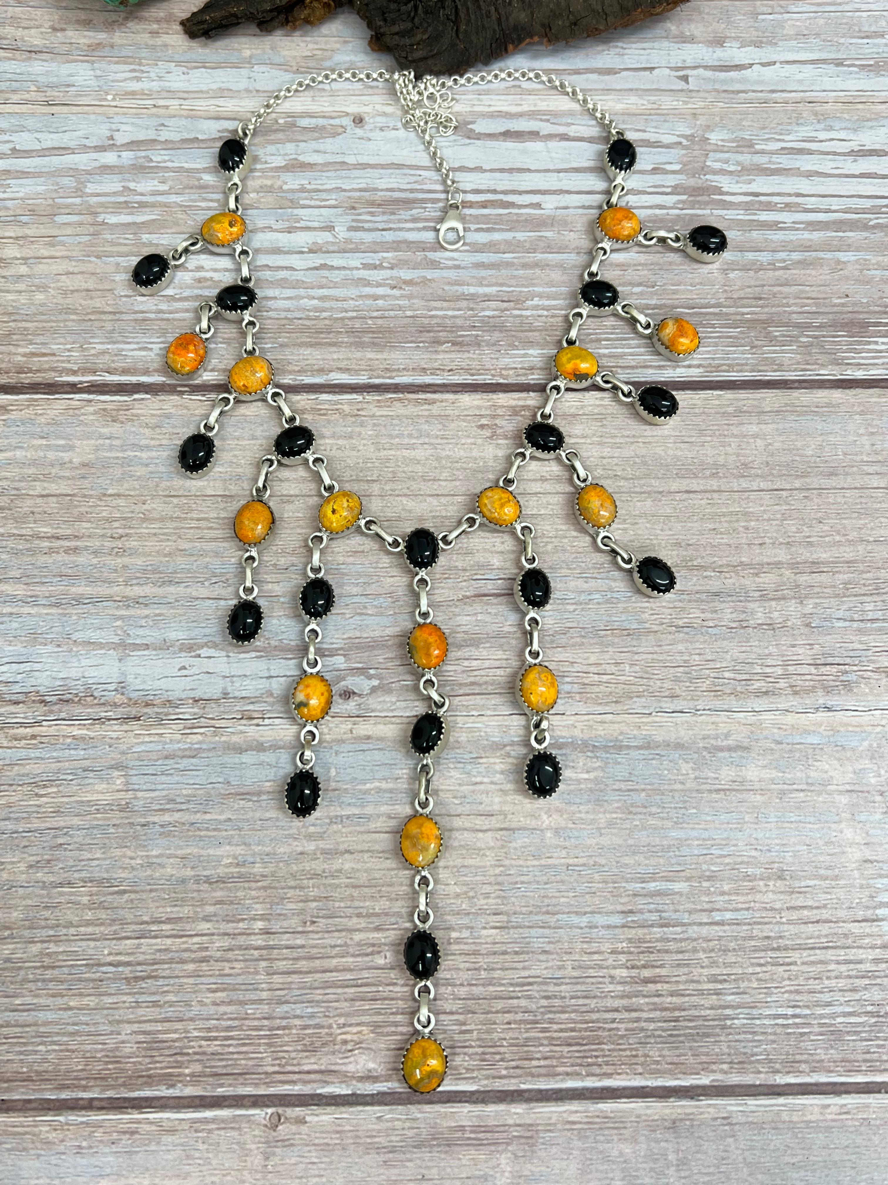 "Halloween Collection" Handmade Sterling Silver Black Onyx, Bumblebee Necklace with Signed Nizhoni
