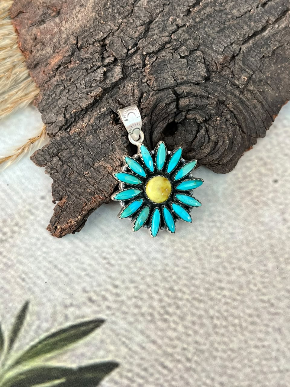 Handmade Sterling Silver White Water with Palomino Turquoise Pendant Signed Nizhoni