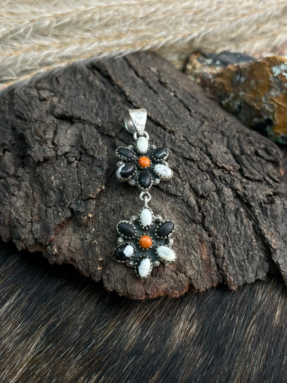 Handmade Sterling Silver Orange Mojave with White Buffalo Pendant "Signed Nizhoni"