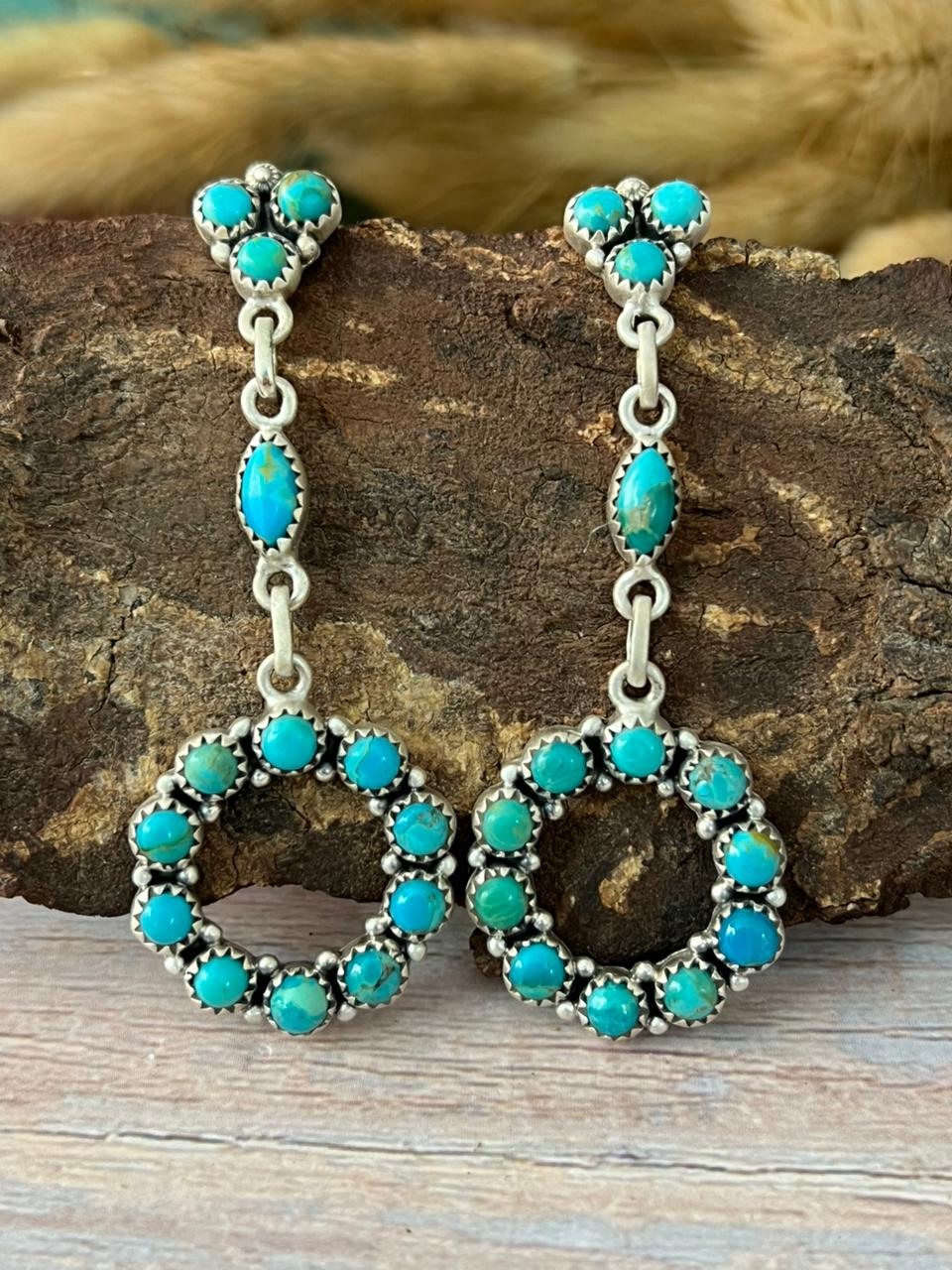 Handmade Sterling Silver Kingman Turquoise Post Dangle Earrings "Signed Nizhoni"