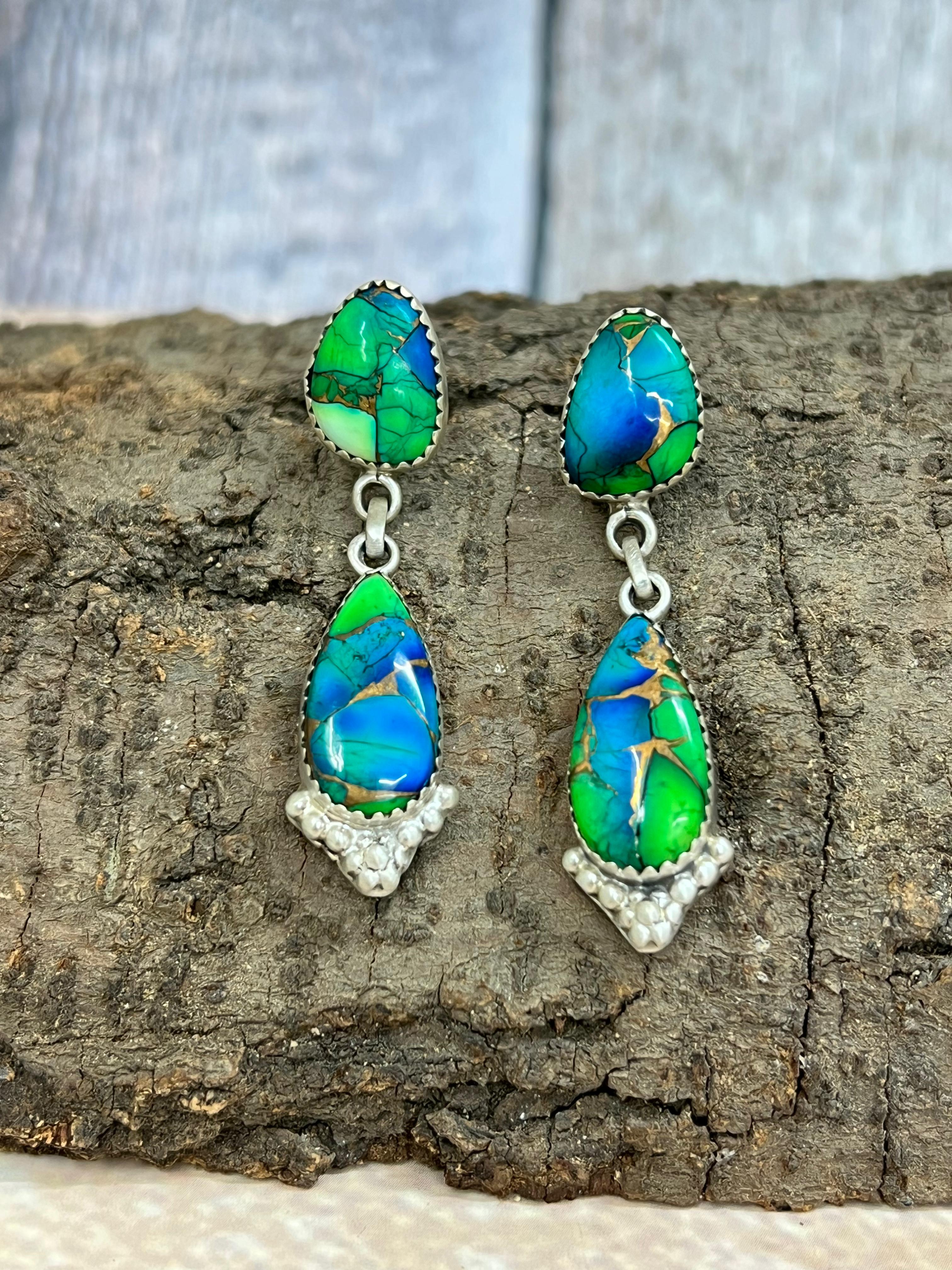 Handmade Sterling Silver Peacock Dahlia Post Earrings with Signed Nizhoni