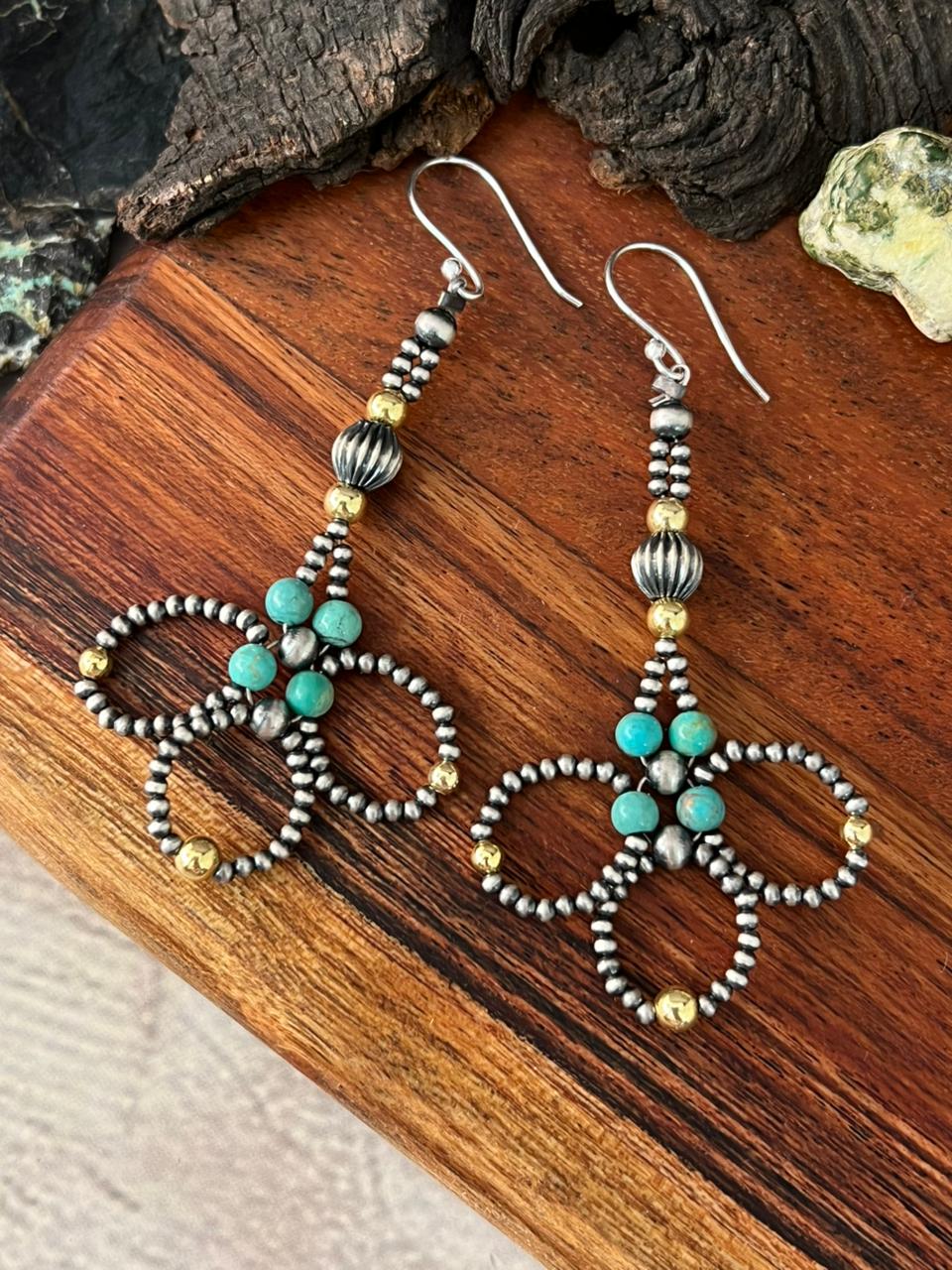 Handmade Sterling Silver Kingman Turquoise Hook Dangle Gold Beaded Earrings