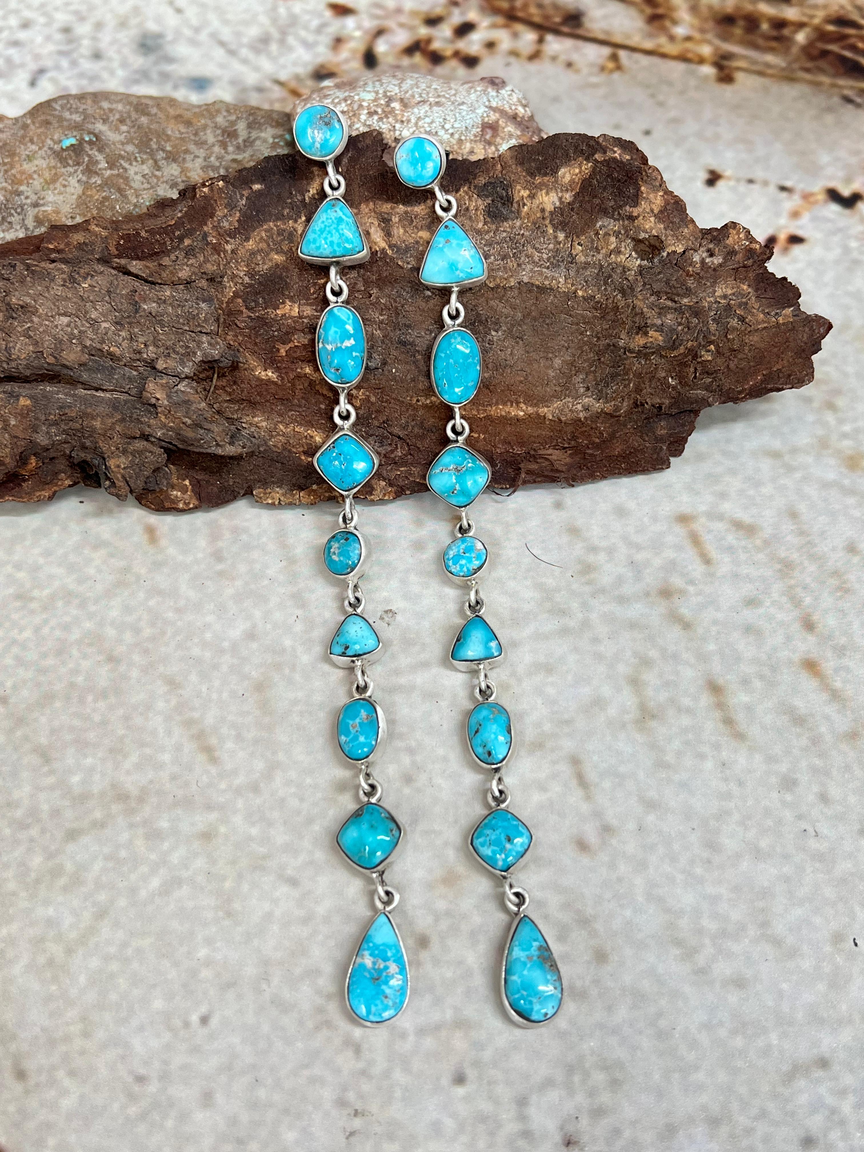 Handmade Sterling Silver White Water Turquoise Dangle Earrings Signed Nizhoni