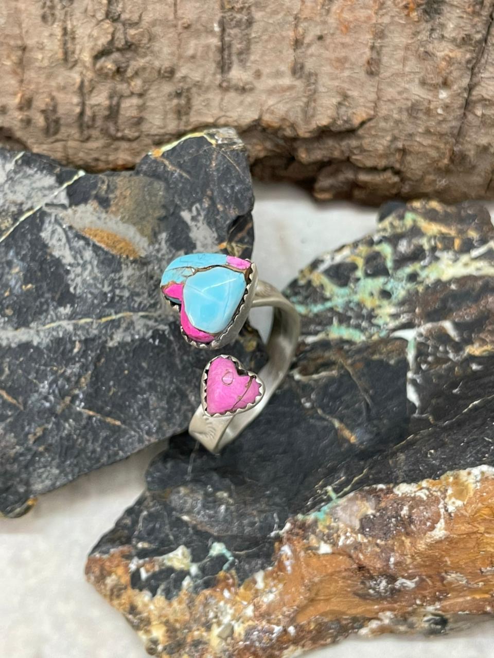 "Heart Collection" Handmade Sterling Silver Cotton Candy Adjustable Ring "Signed Nizhoni"