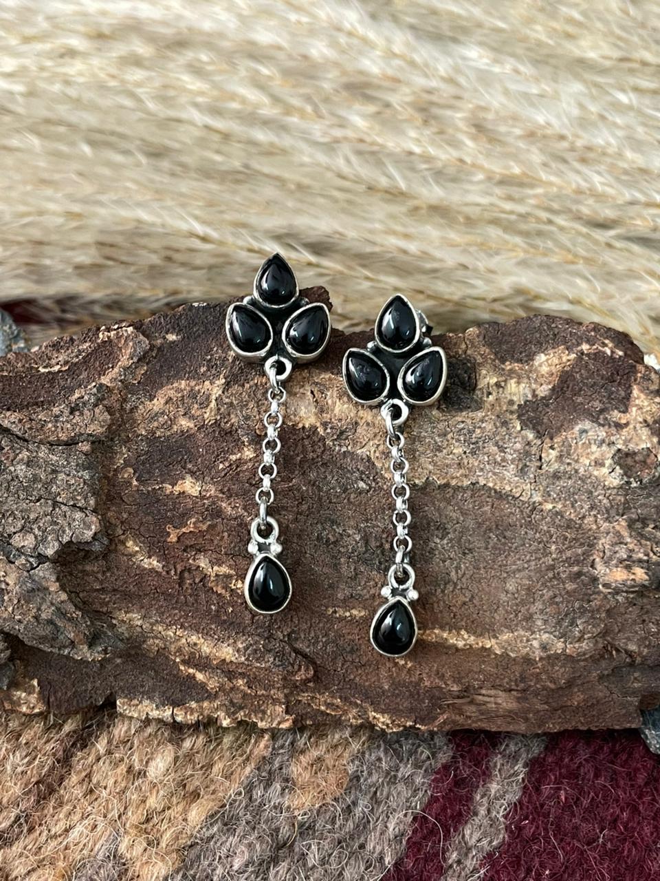 Handmade Sterling Silver Black Onyx Post Dangle Earrings "Signed Nizhoni"