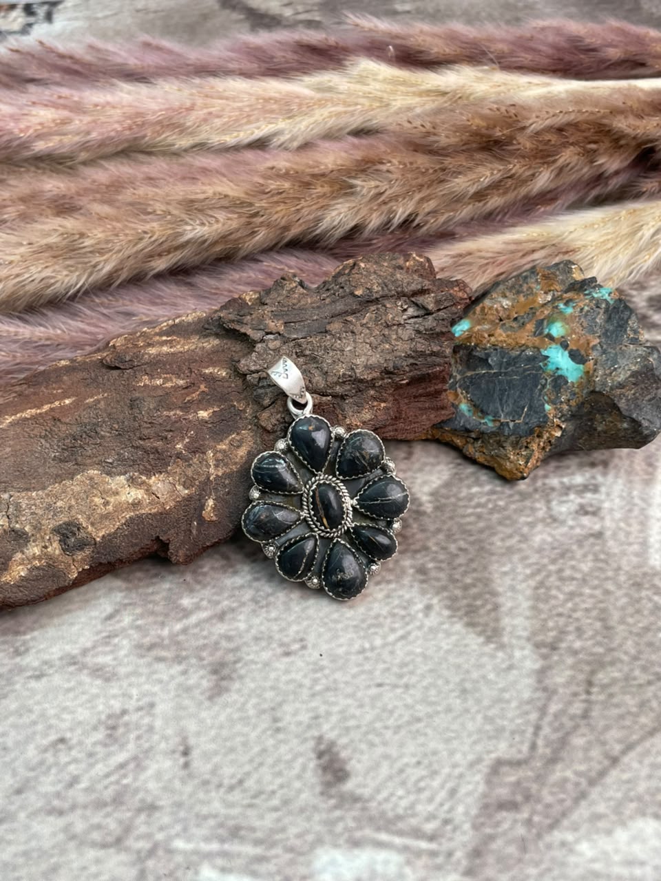 Handmade Sterling Silver Blackjack Turquoise Pendant Signed Nizhoni