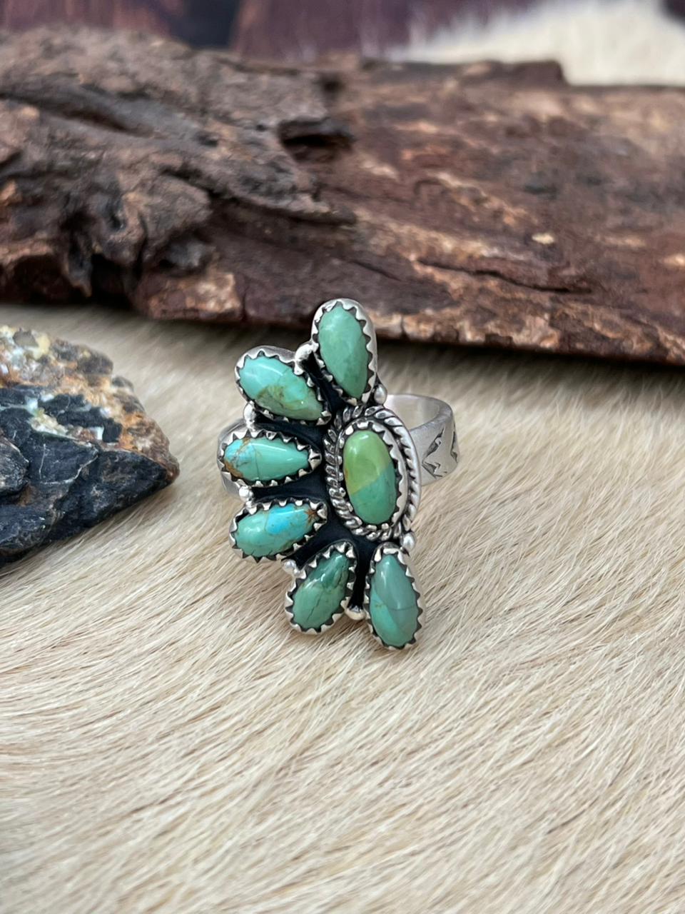 Handmade Sterling Silver Kingman Turquoise Adjustable Ring "Signed Nizhoni"