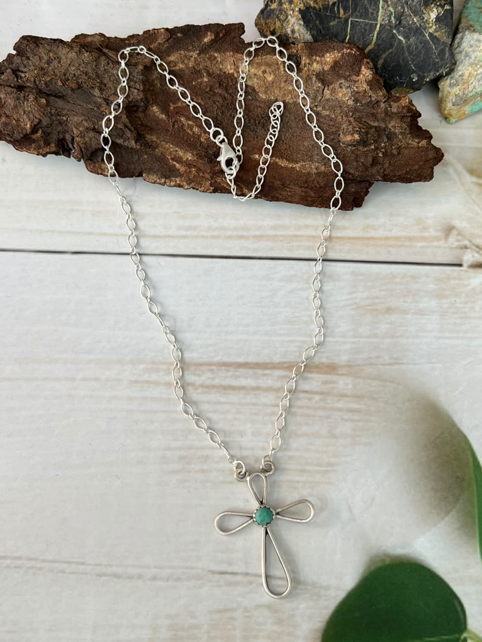 Handmade Sterling Silver Kingman Turquoise Cross Necklace Signed Nizhoni
