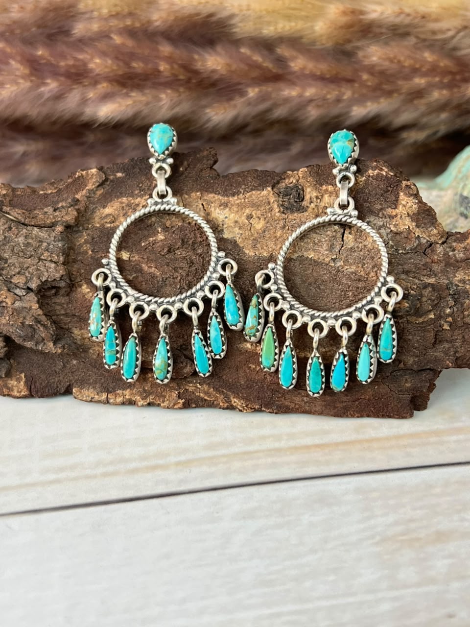 Handmade Sterling Silver Kingman Turquoise Post Dangle Earrings Signed Nizhoni