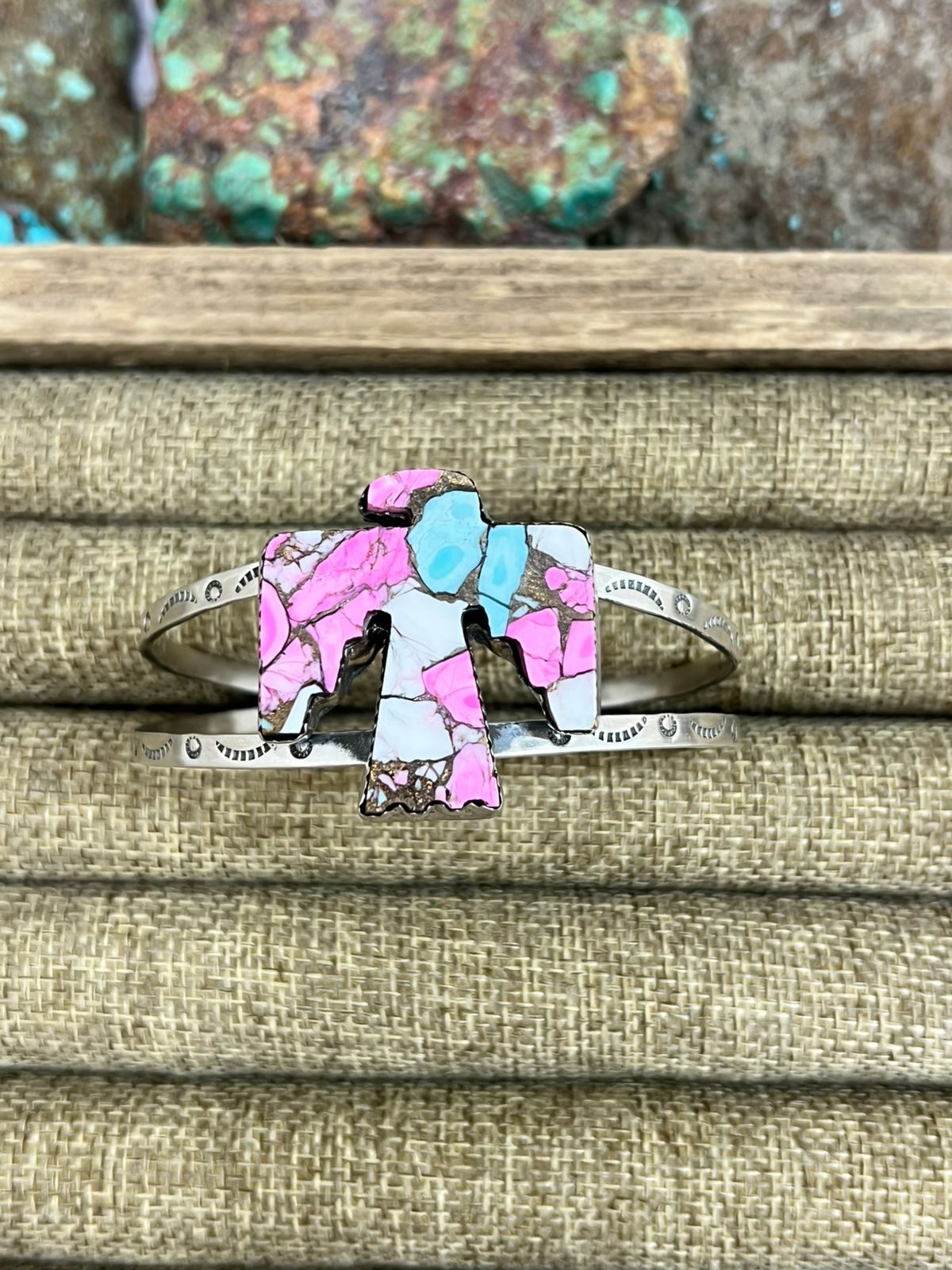 Handmade Sterling Silver Cotton Candy Turquoise Thunder Bird Cuff Bracelet with Signed Nizhoni