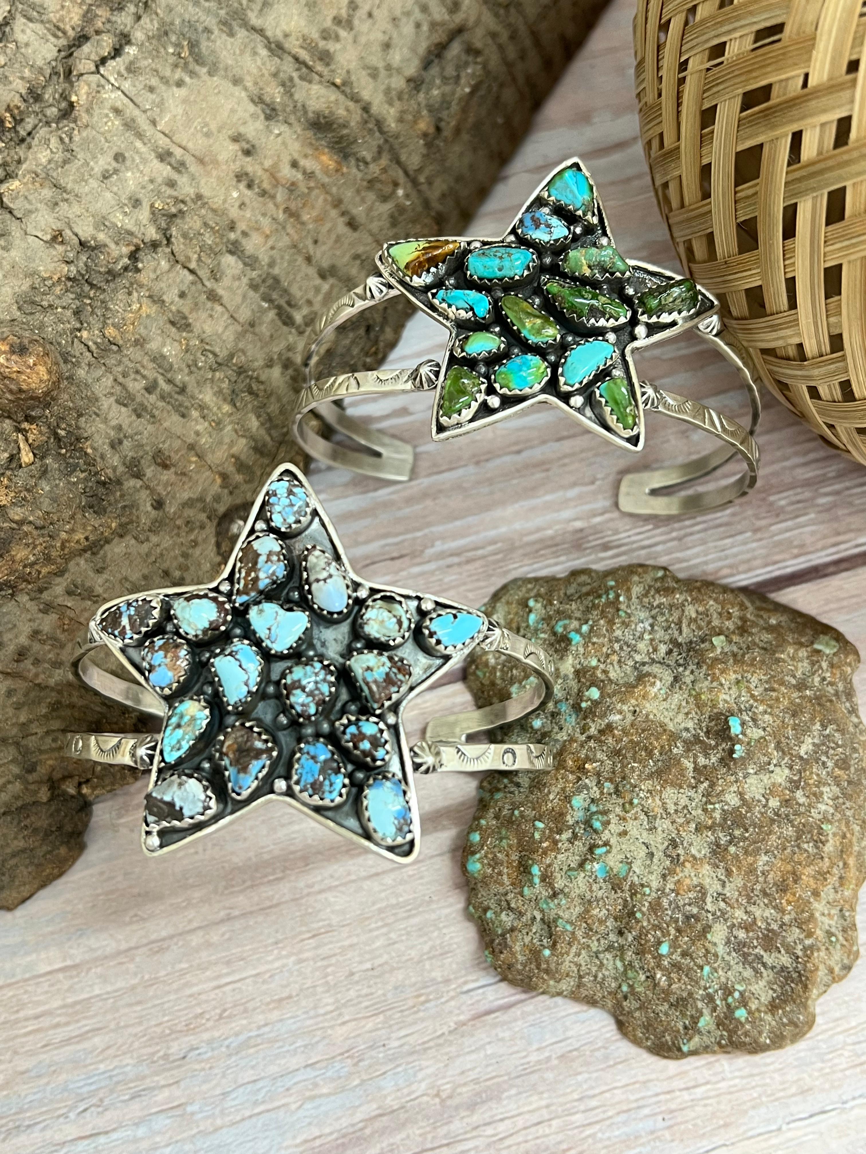 Handmade Sterling Silver Golden Hill, Sonoran Mountain Turquoise Star Bracelet with Signed Nizhoni /