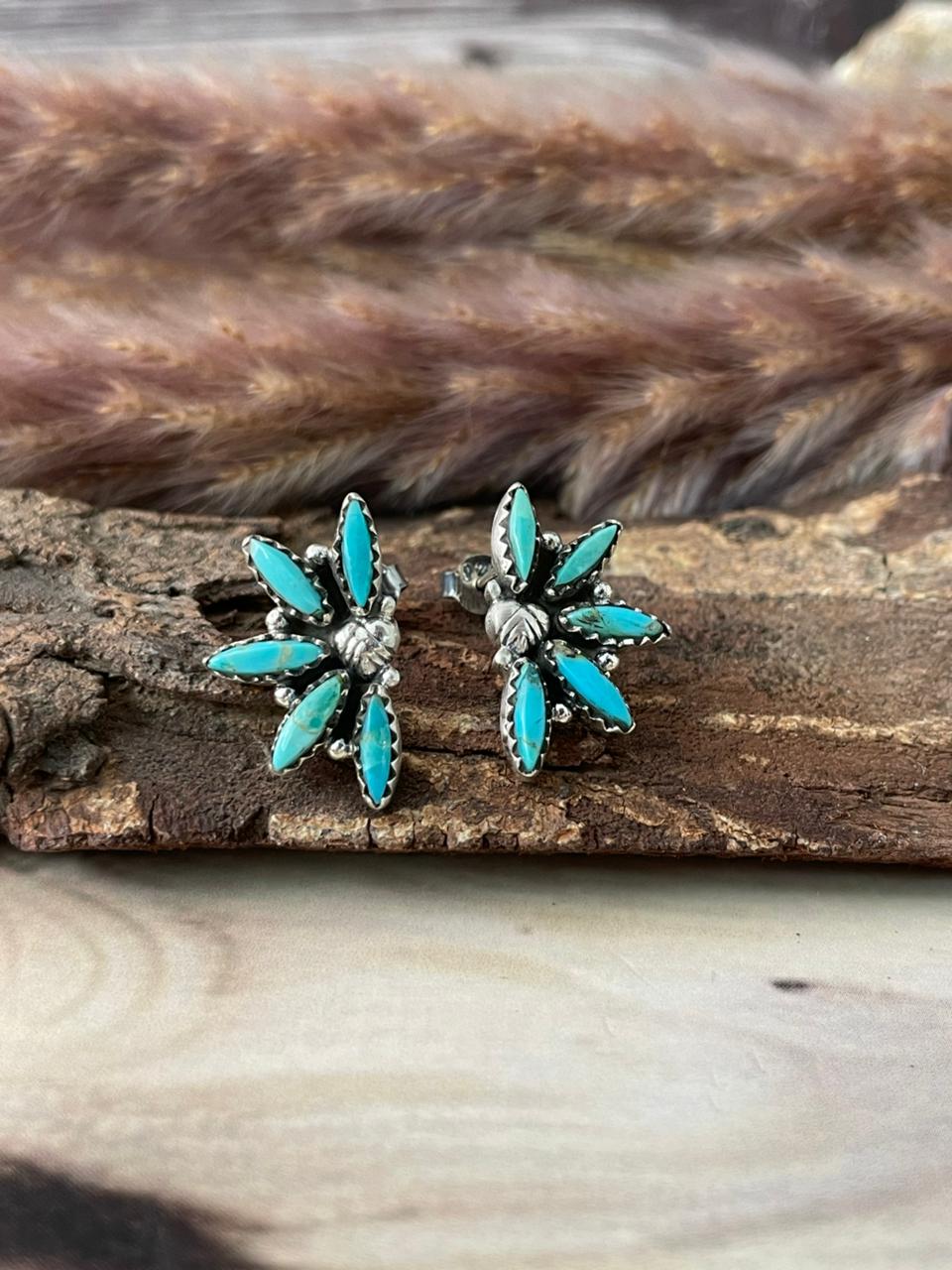 Handmade Sterling Silver Kingman Turquoise Post Studs Earrings Signed Nizhoni