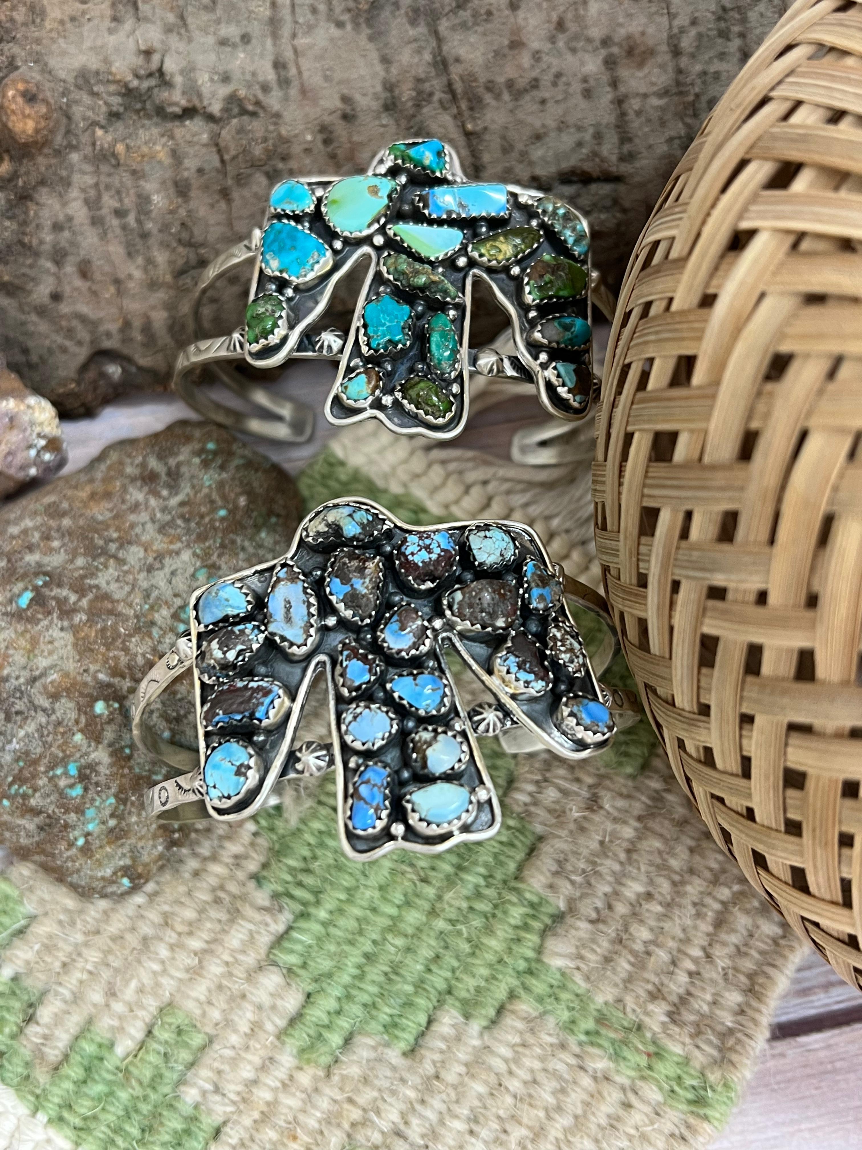 Handmade Sterling Silver Golden Hill, Sonoran Mountain Turquoise Thunder Bird Bracelet with Signed Nizhoni /