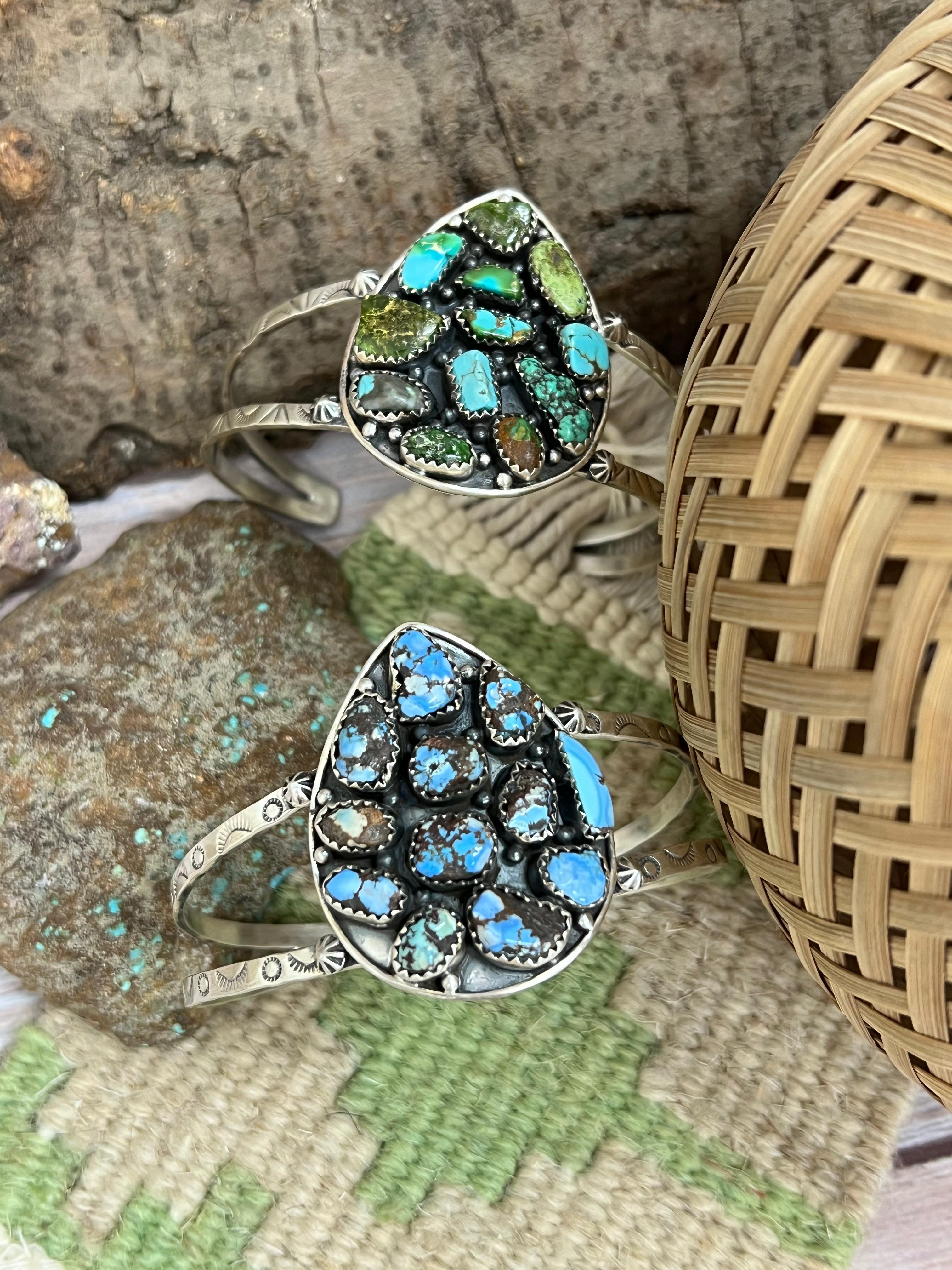 Handmade Sterling Silver Golden Hill, Sonoran Mountain Turquoise Bracelet with Signed Nizhoni /