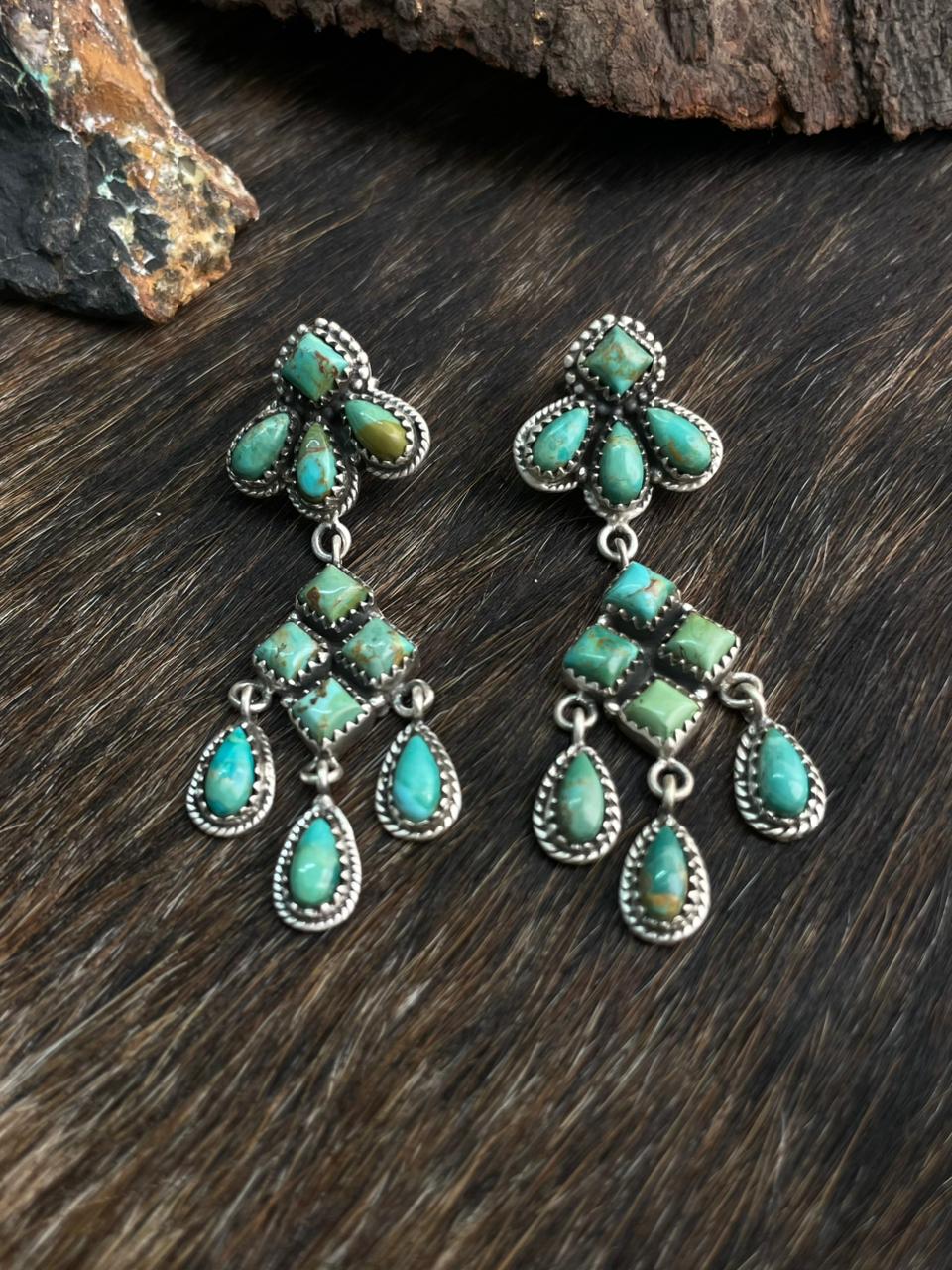 Handmade Sterling Silver Kingman Turquoise Post Dangle Earrings "Signed Nizhoni"