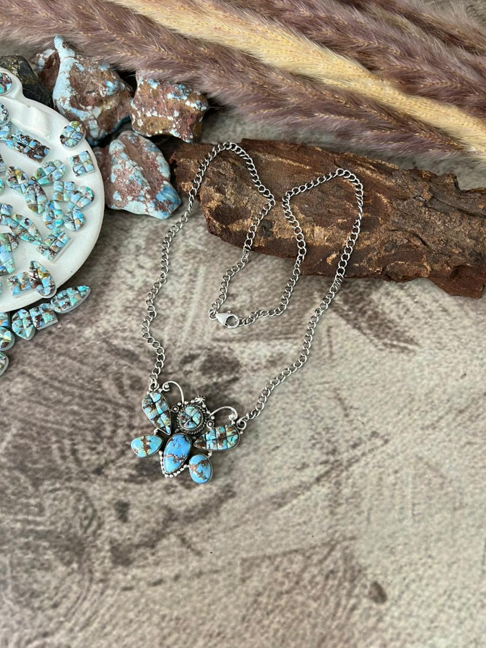 Handmade Sterling Silver 'Golden Hills Turquoise Cobble Collection' Butterfly Necklace "Signed Nizhoni"