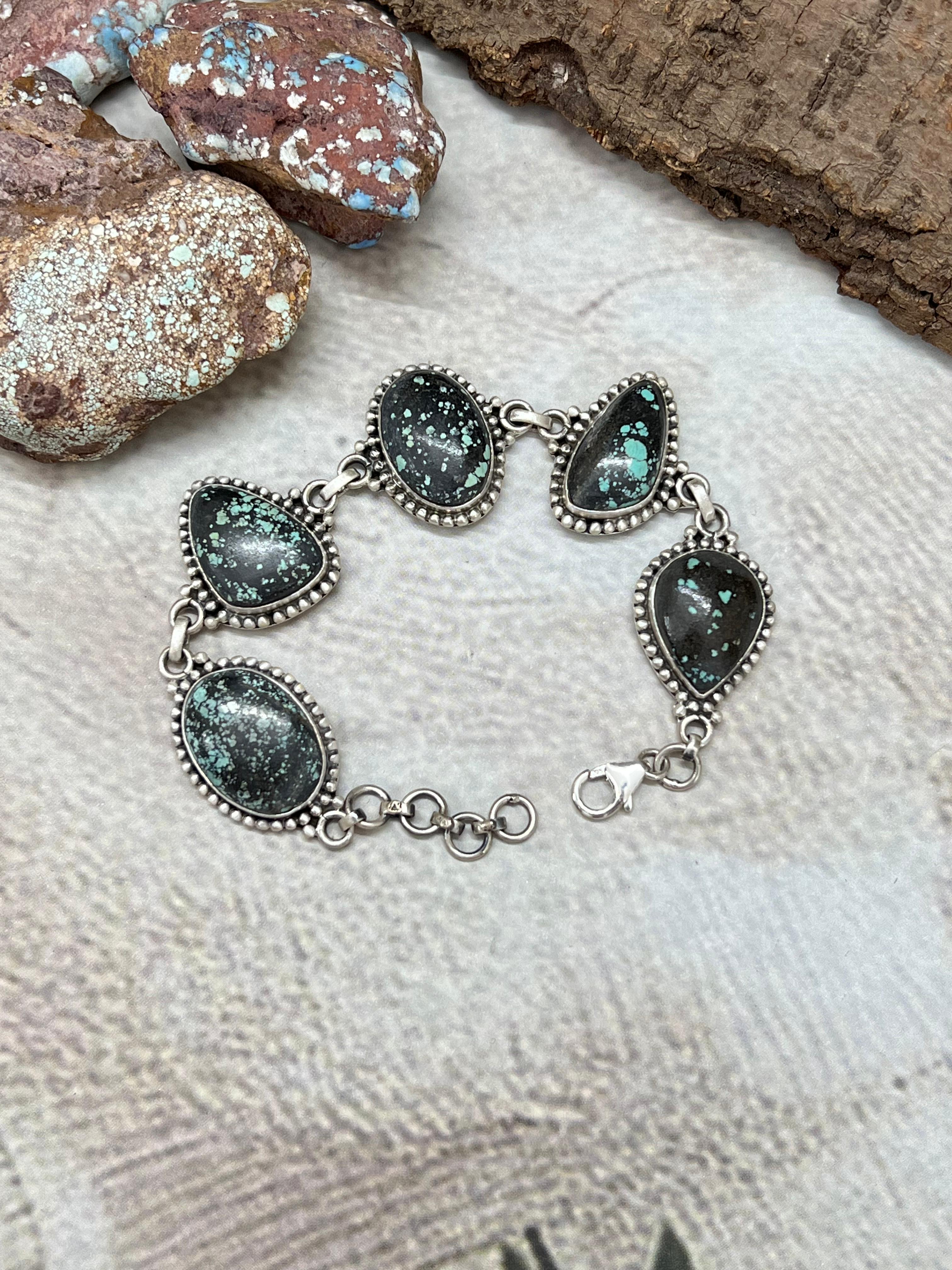 Handmade Sterling Silver Lander Turquoise Chain Bracelet with Signed Nizhoni