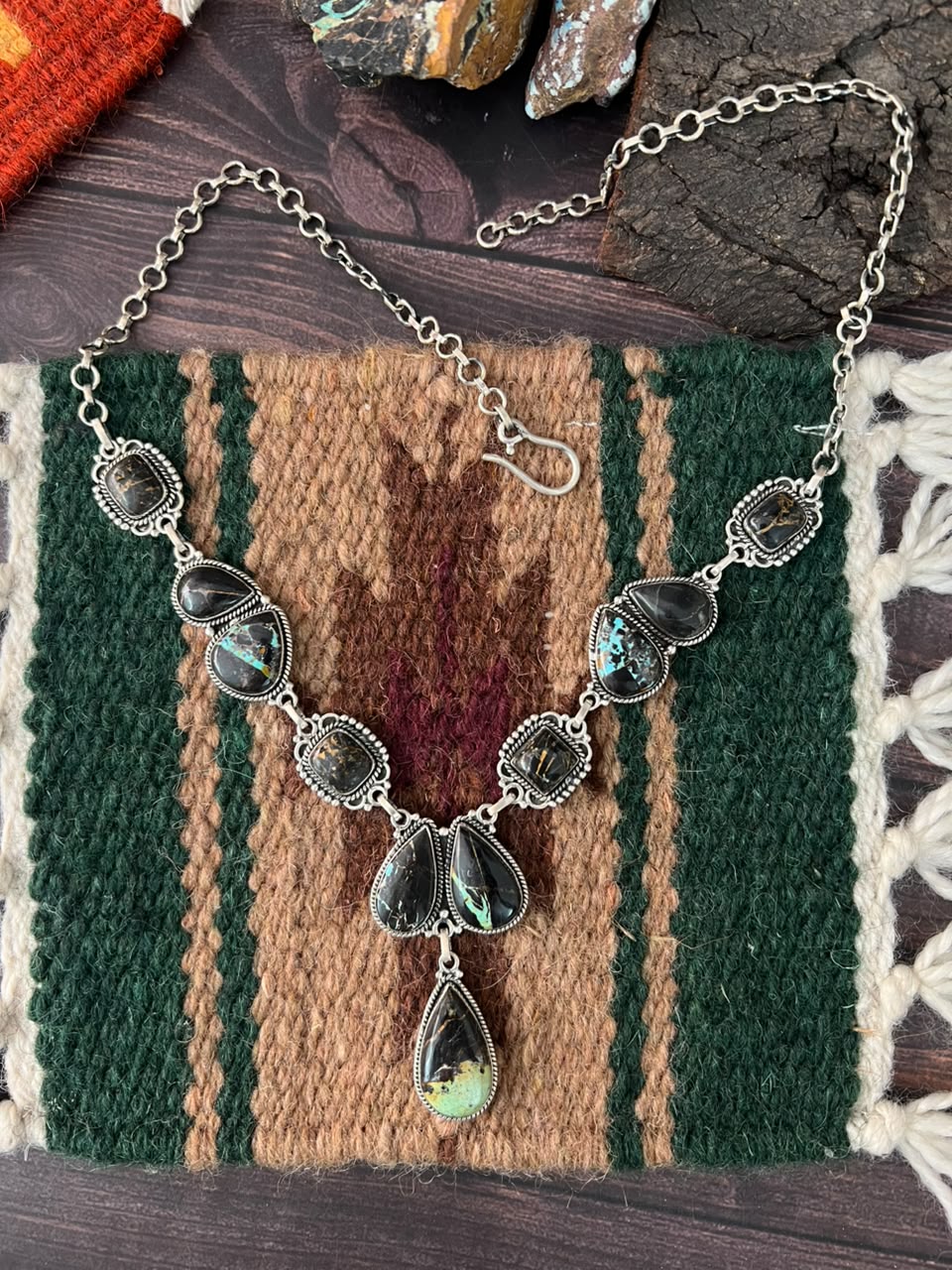 Handmade Sterling Silver Blackjack Turquoise Collection: Necklace Signed Nizhoni
