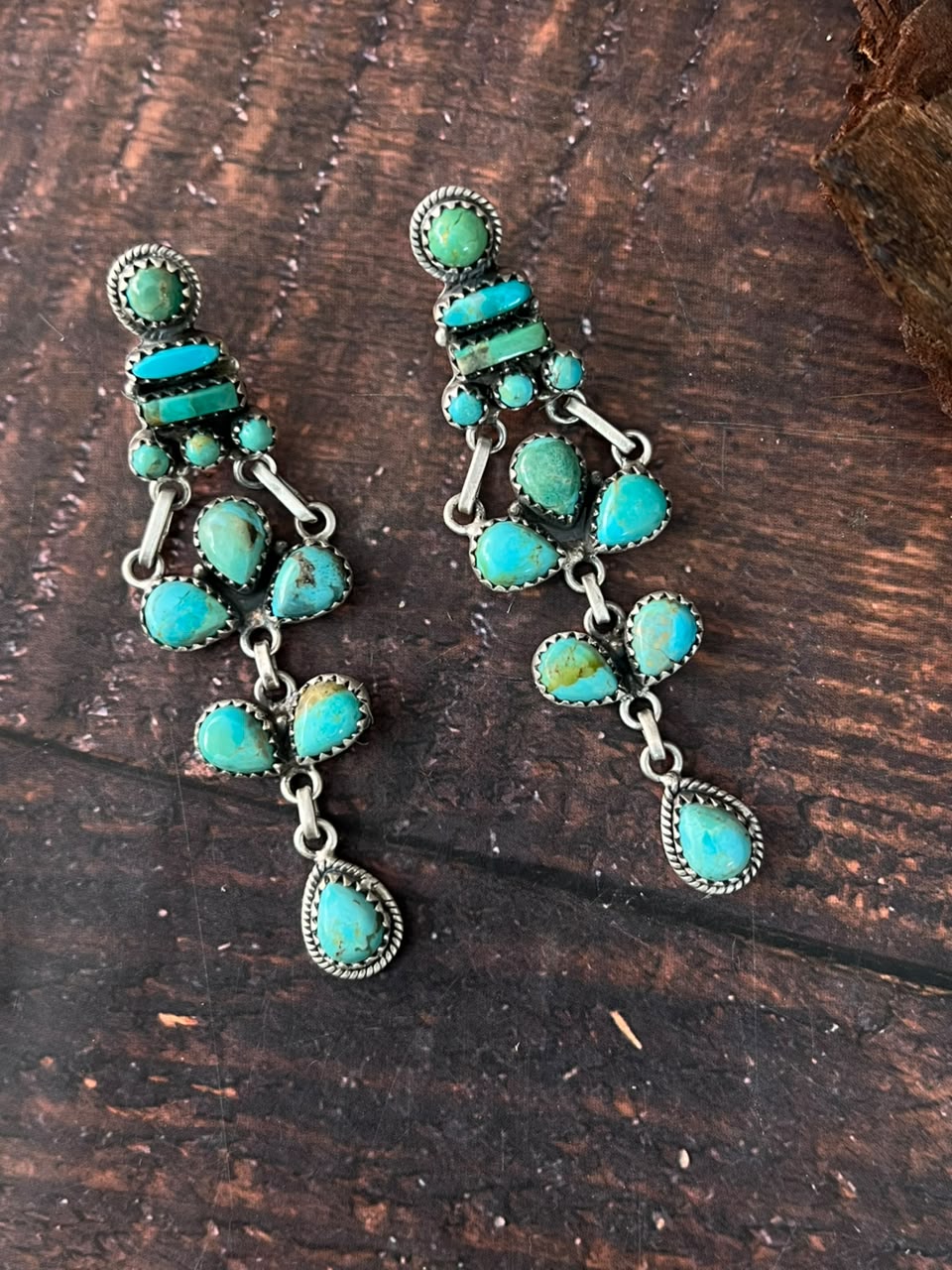 Handmade Sterling Silver Kingman Turquoise Post Dangle Earrings Signed Nizhoni