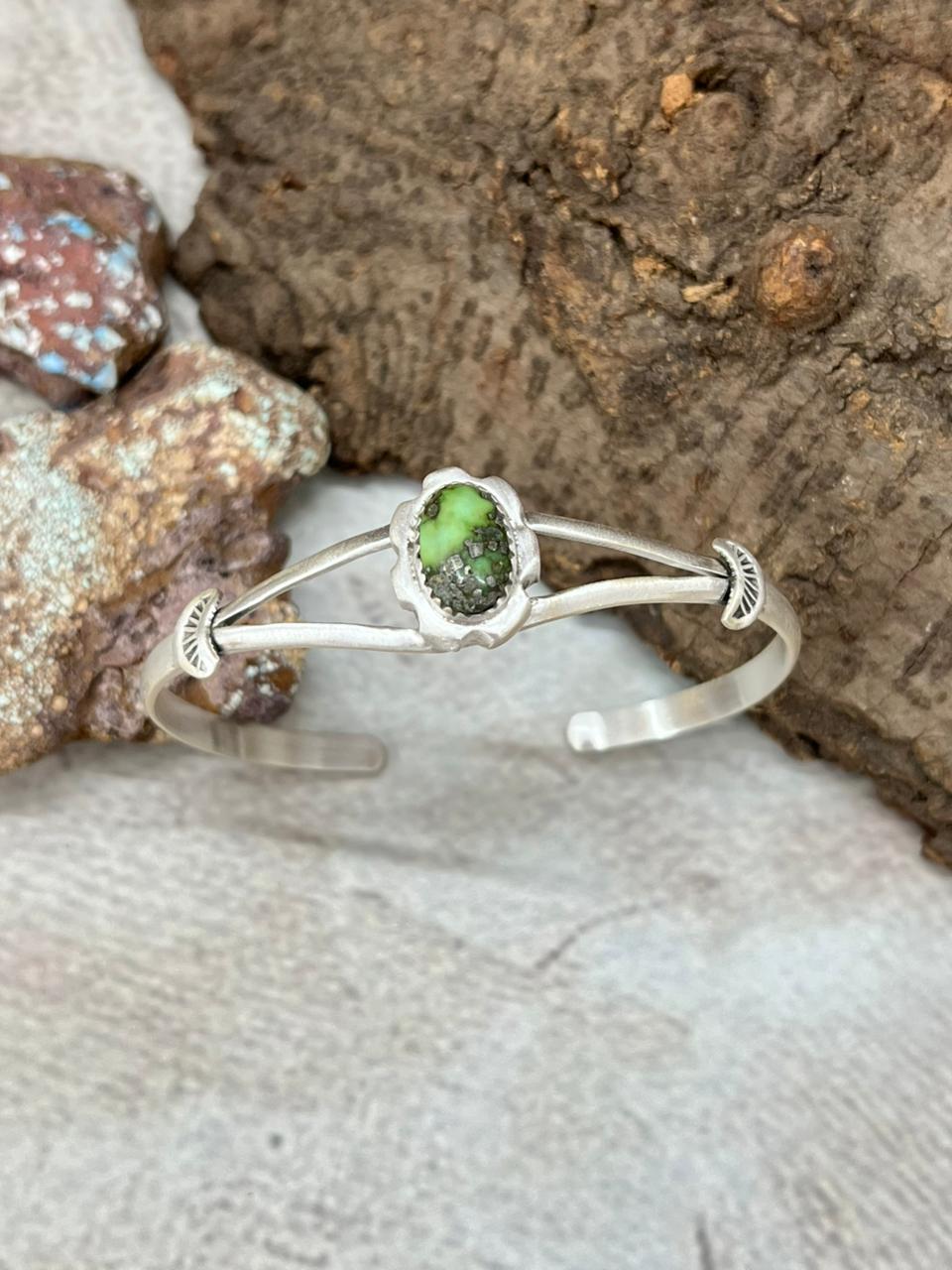 Handmade Sterling Silver Sonoran Mountain Turquoise Cuff Bracelet with Signed Nizhoni