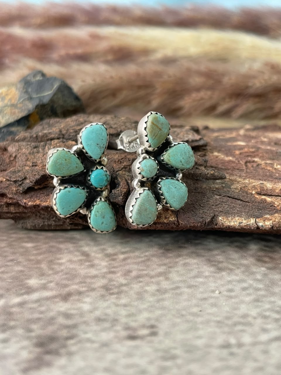 Handmade Sterling Silver Number 8 Turquoise Collection: Post Studs Earrings Signed Nizhoni