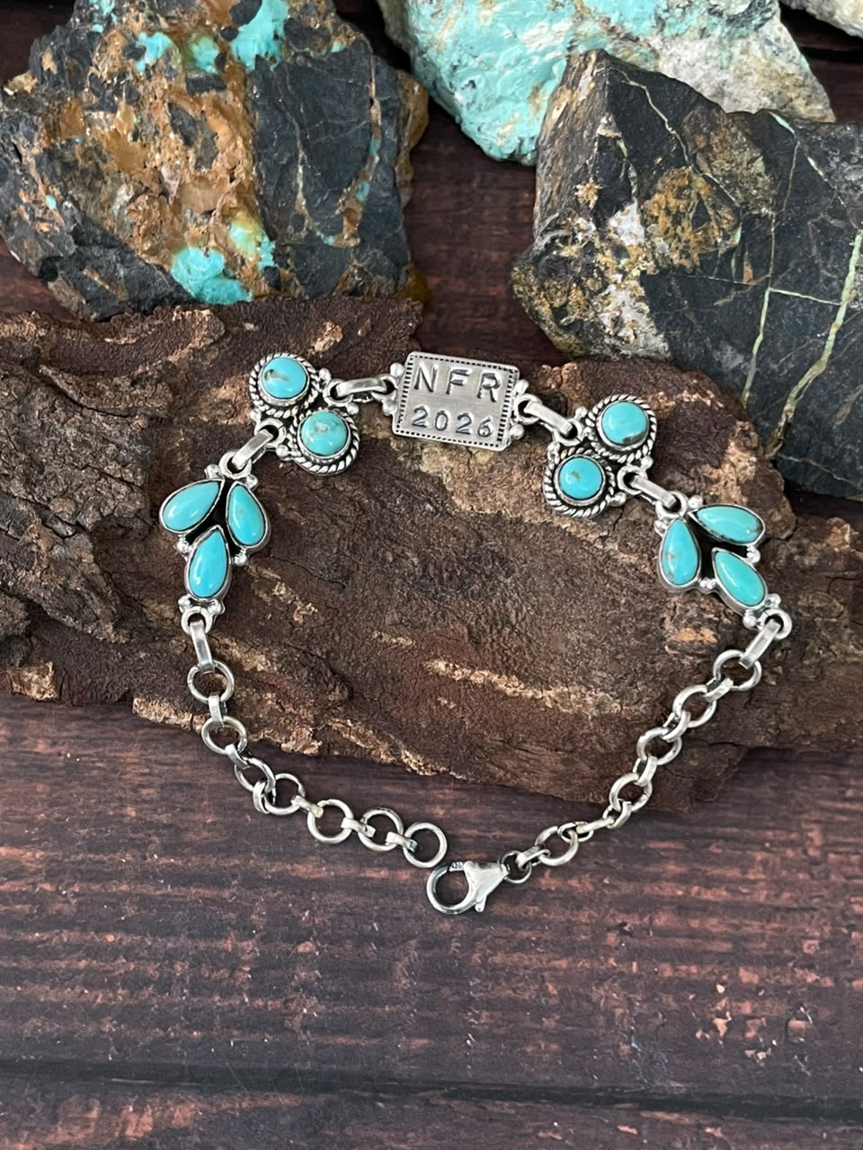 Handmade Sterling Silver Kingman Turquoise NFR Collection: Chain Bracelet Signed Nizhoni