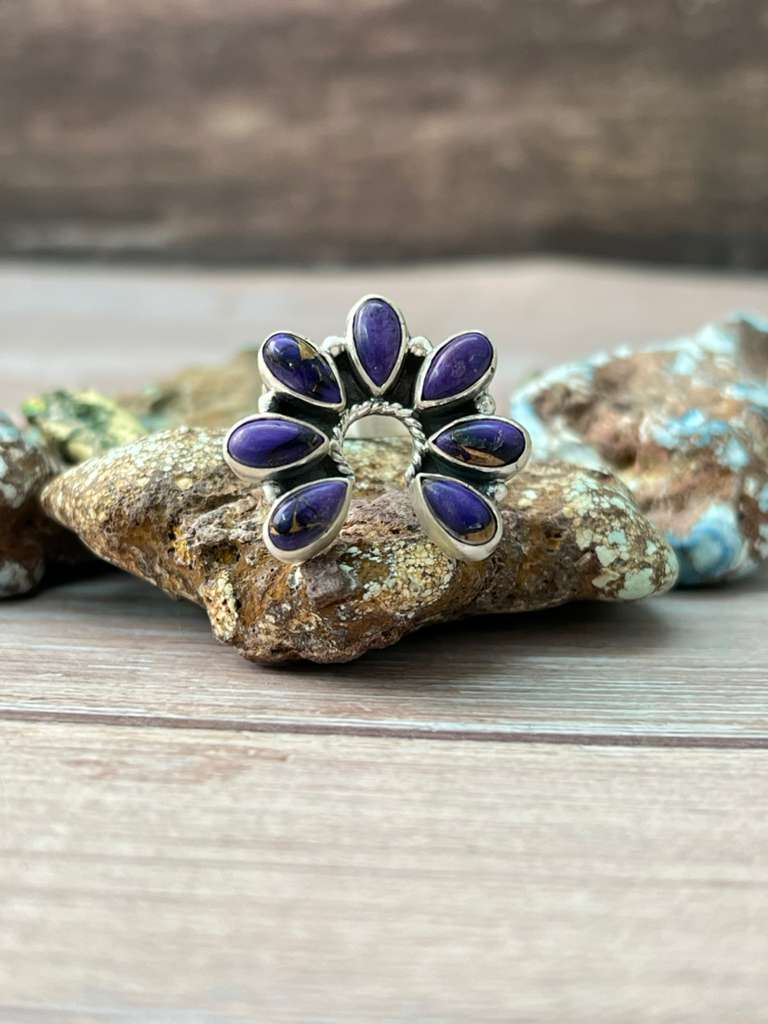 Handmade Sterling Silver Grape Dahlia Naja Adjustable Ring "Signed Nizhoni"