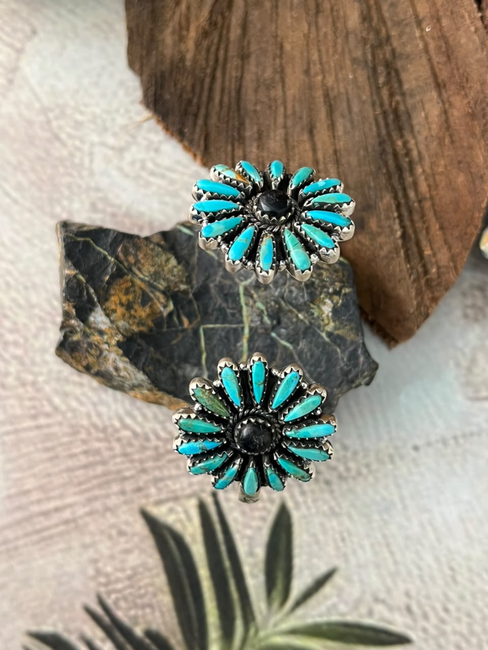 Handmade Sterling Silver White Buffalo with Kingman Turquoise Cuff Bracelet Signed Nizhoni