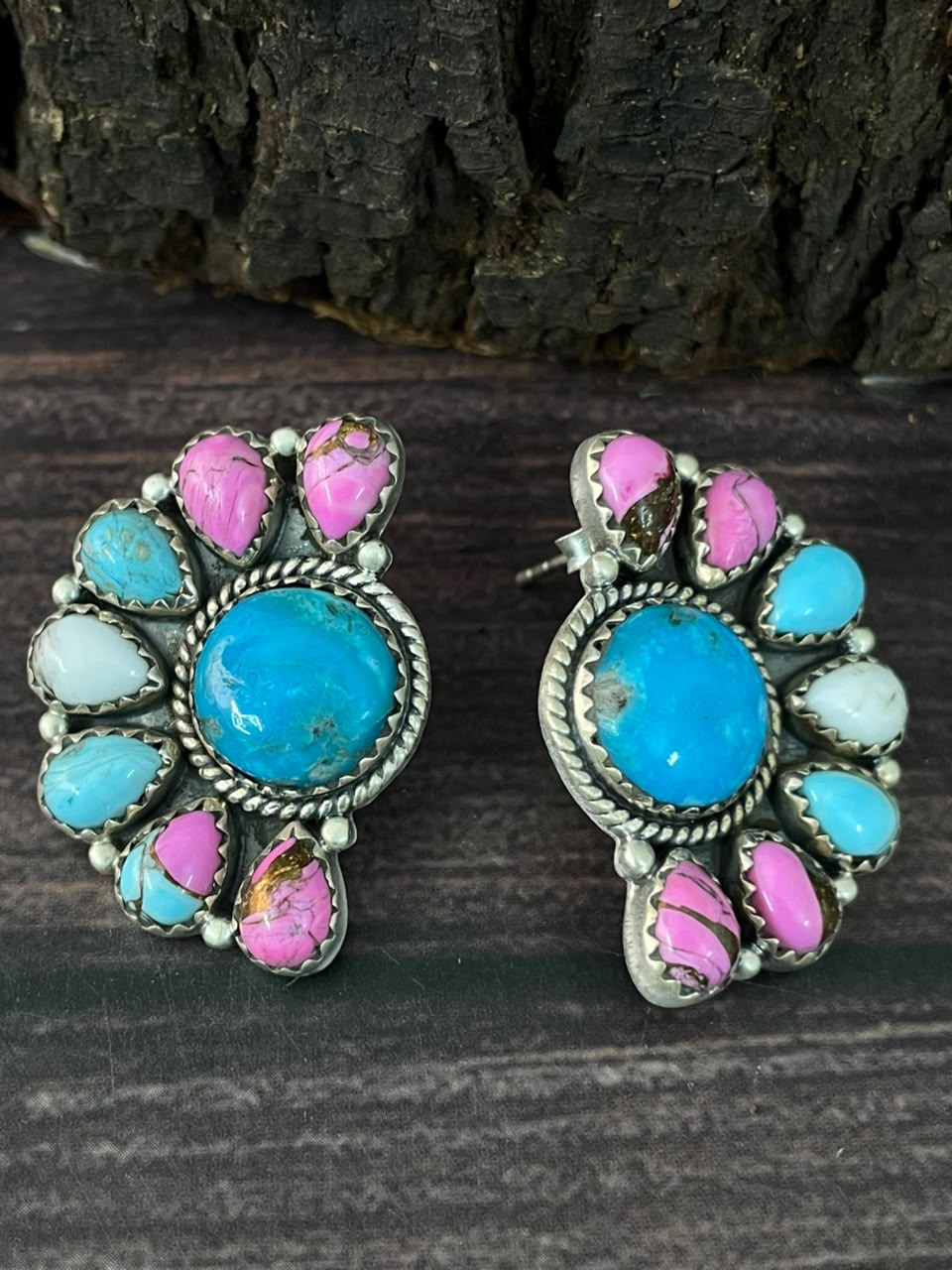 Handmade Sterling Silver Blue Kingman Turquoise with Cotton Candy Post Studs Earrings Signed Nizhoni