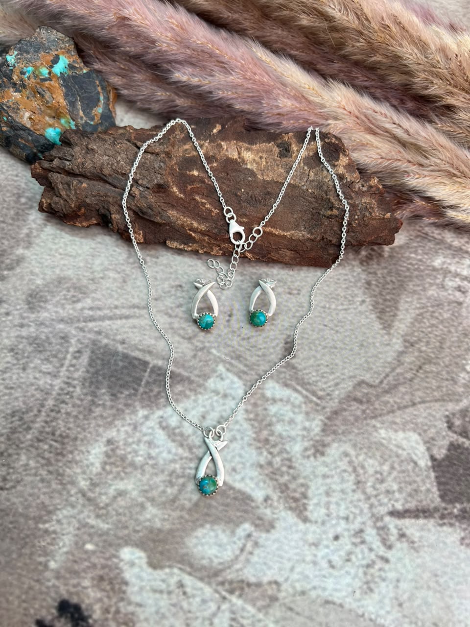 Handmade Sterling Silver Kingman Turquoise Necklace and Earrings Set Signed Nizhoni