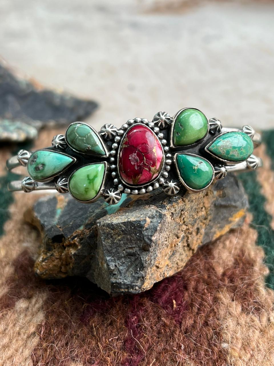 Handmade Sterling Silver Dahlia Rose with Emerald Valley Turquoise Cuff Bracelet "Signed Nizhoni"
