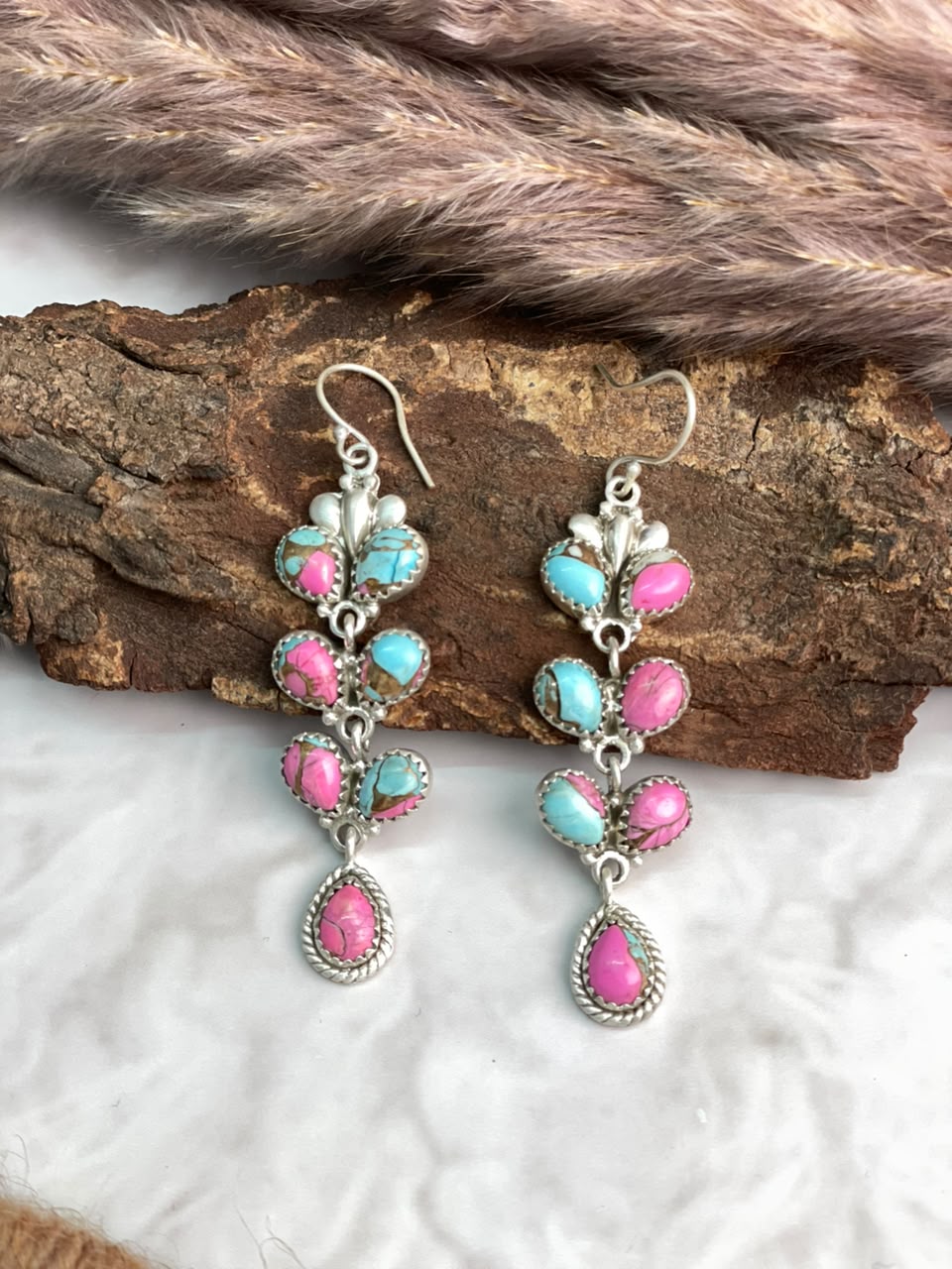 Handmade Sterling Silver Cotton Candy Hook Dangle Earrings Signed Nizhoni