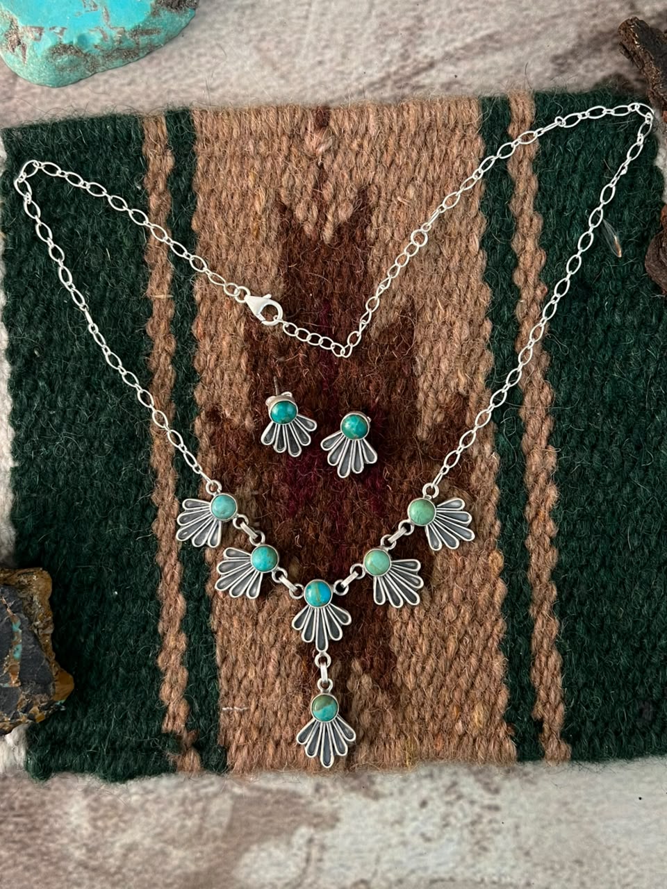 Handmade Sterling Silver Kingman Turquoise Necklace and Earrings Set Signed Nizhoni