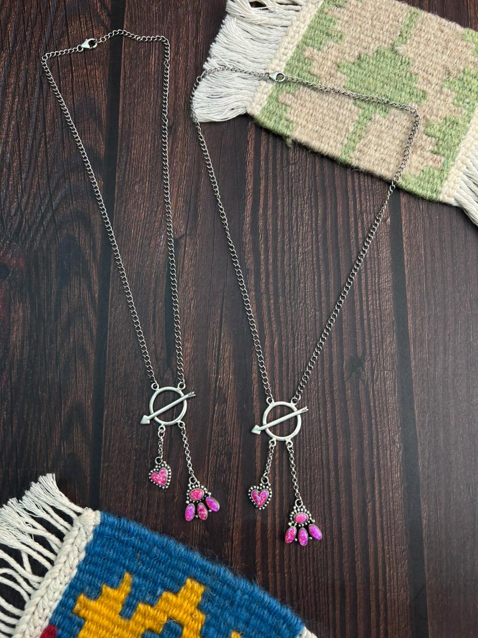 "Heart Collection" Handmade Sterling Silver Hot Pink Lariat Necklace "Signed Nizhoni"